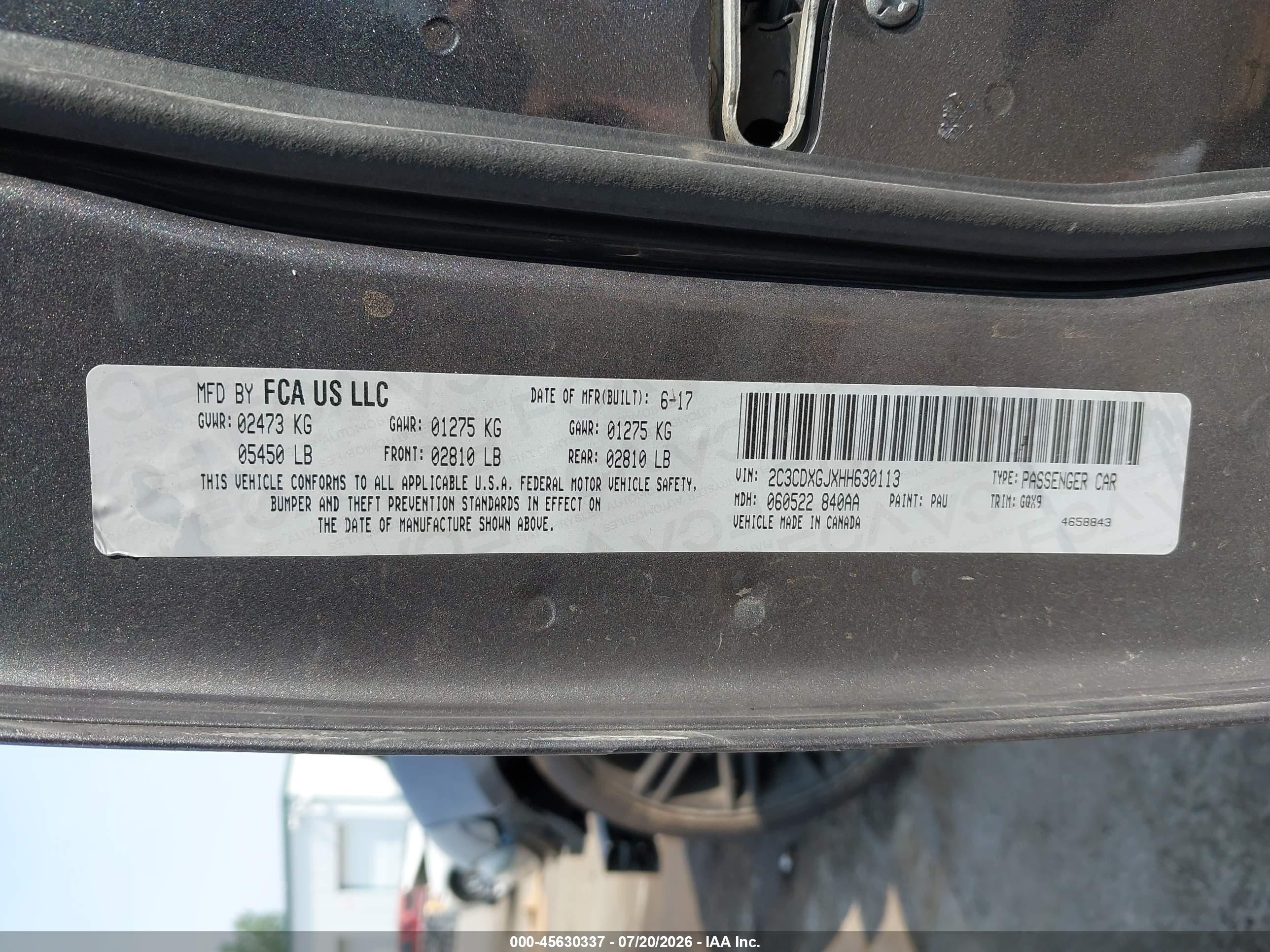 2017 Dodge Charger VIN 2C3CDXGJXHH630113 IAAI salvage auction — Front End, Clear (Michigan), sold $11,975 on 2026-09-12 (photo 9)