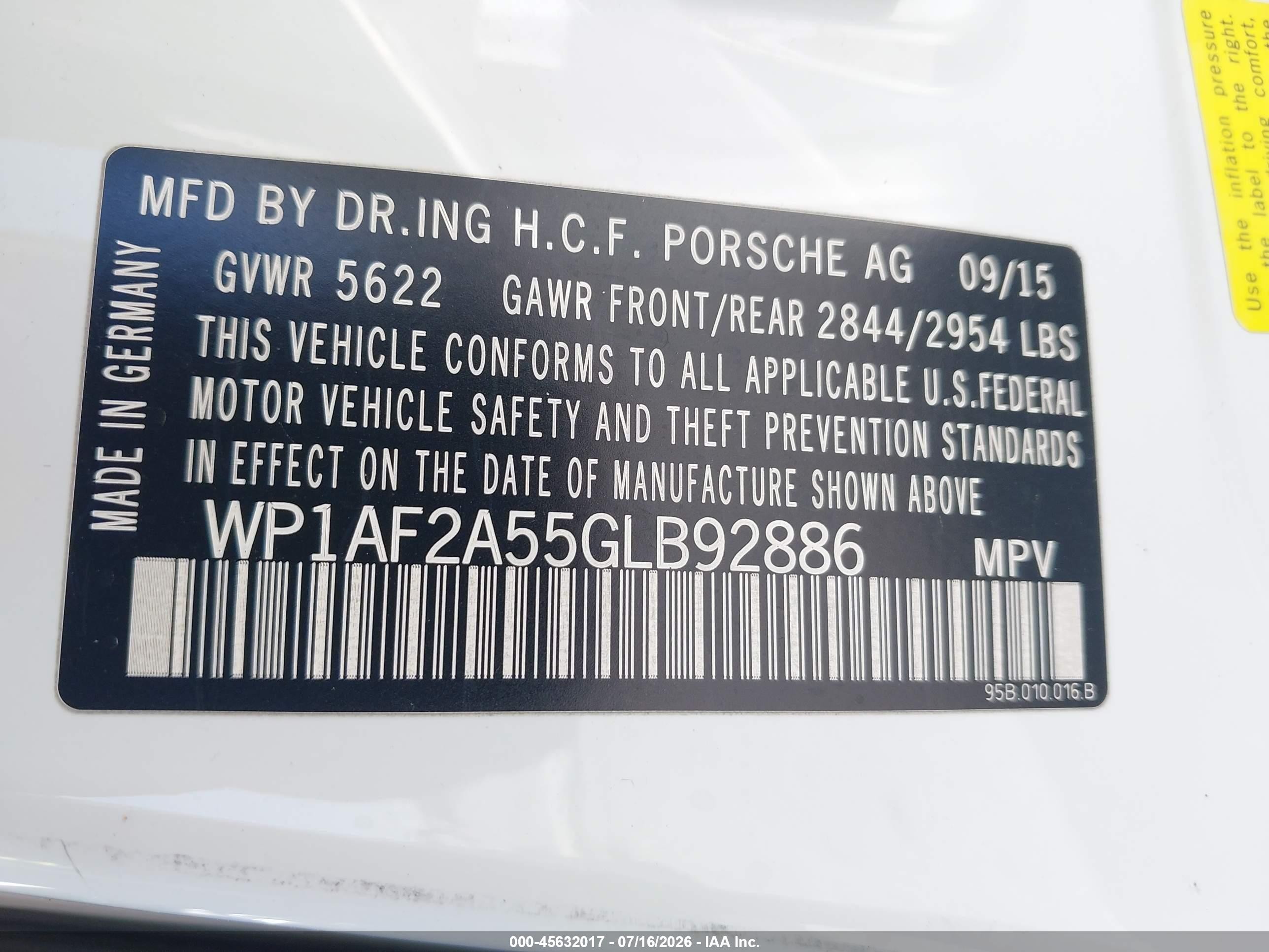 2016 Porsche Macan VIN WP1AF2A55GLB92886 IAAI salvage auction — Top/Roof, Clear (Indiana), sold $2,850 on 2026-09-11 (photo 9)