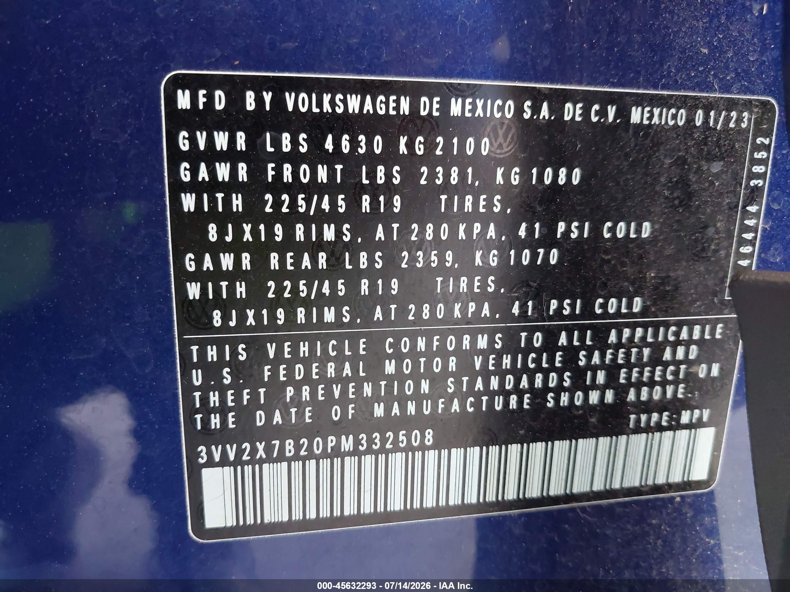 2023 Volkswagen Taos VIN 3VV2X7B20PM332508 IAAI salvage auction — Side, Bill Of Sale (Washington), sold $8,700 on 2026-09-11 (photo 9)