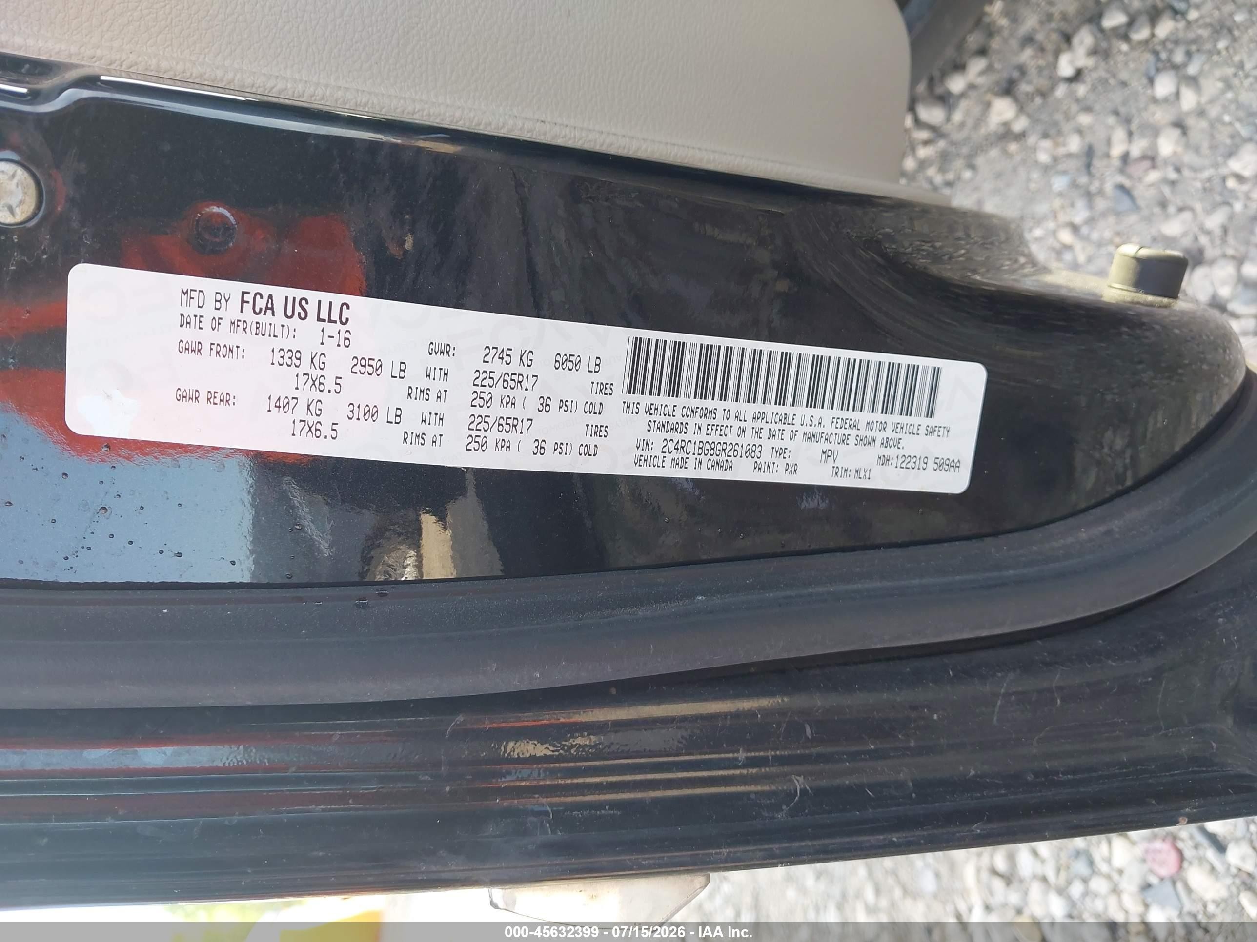 2016 Chrysler Town & Country VIN 2C4RC1BG8GR261083 IAAI salvage auction — Front End, Clear (Wisconsin), sold $1,850 on 2026-09-13 (photo 9)