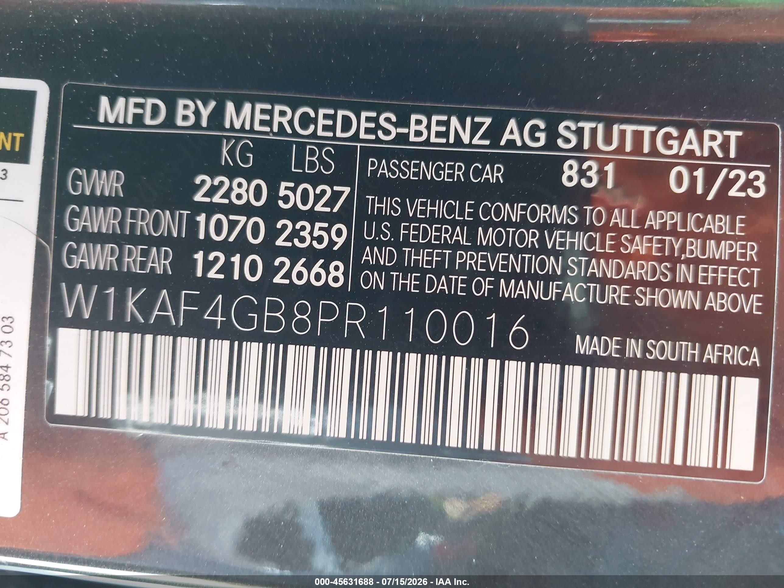 2023 Mercedes-benz C-klasse VIN W1KAF4GB8PR110016 IAAI salvage auction — Front & Rear, Salvage (California), sold $11,700 on 2026-08-27 (photo 9)
