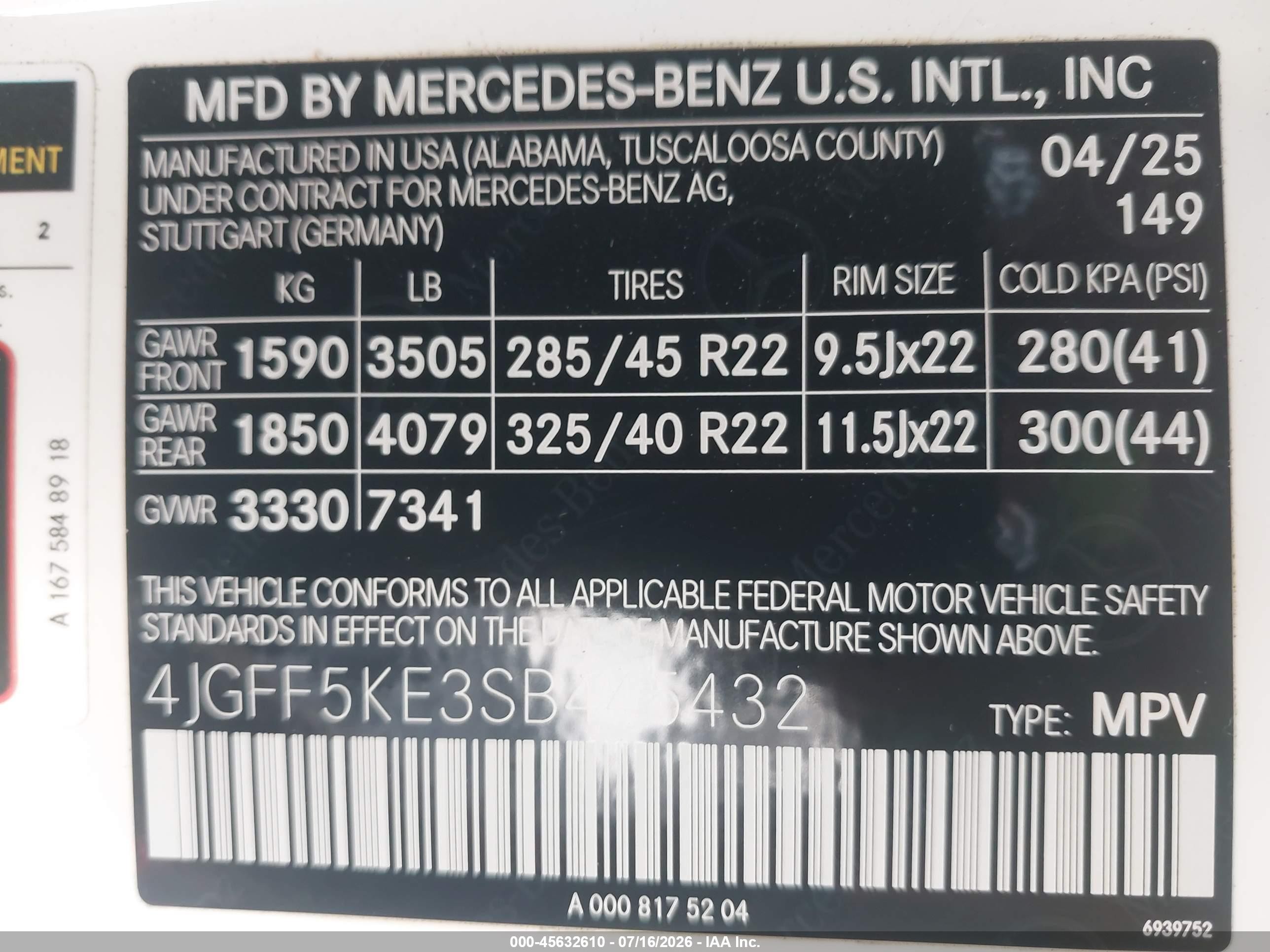 2025 Mercedes-benz Gls-klasse VIN 4JGFF5KE3SB445432 IAAI salvage auction — Unknown, Salvage (California), sold $42,050 on 2026-08-17 (photo 9)