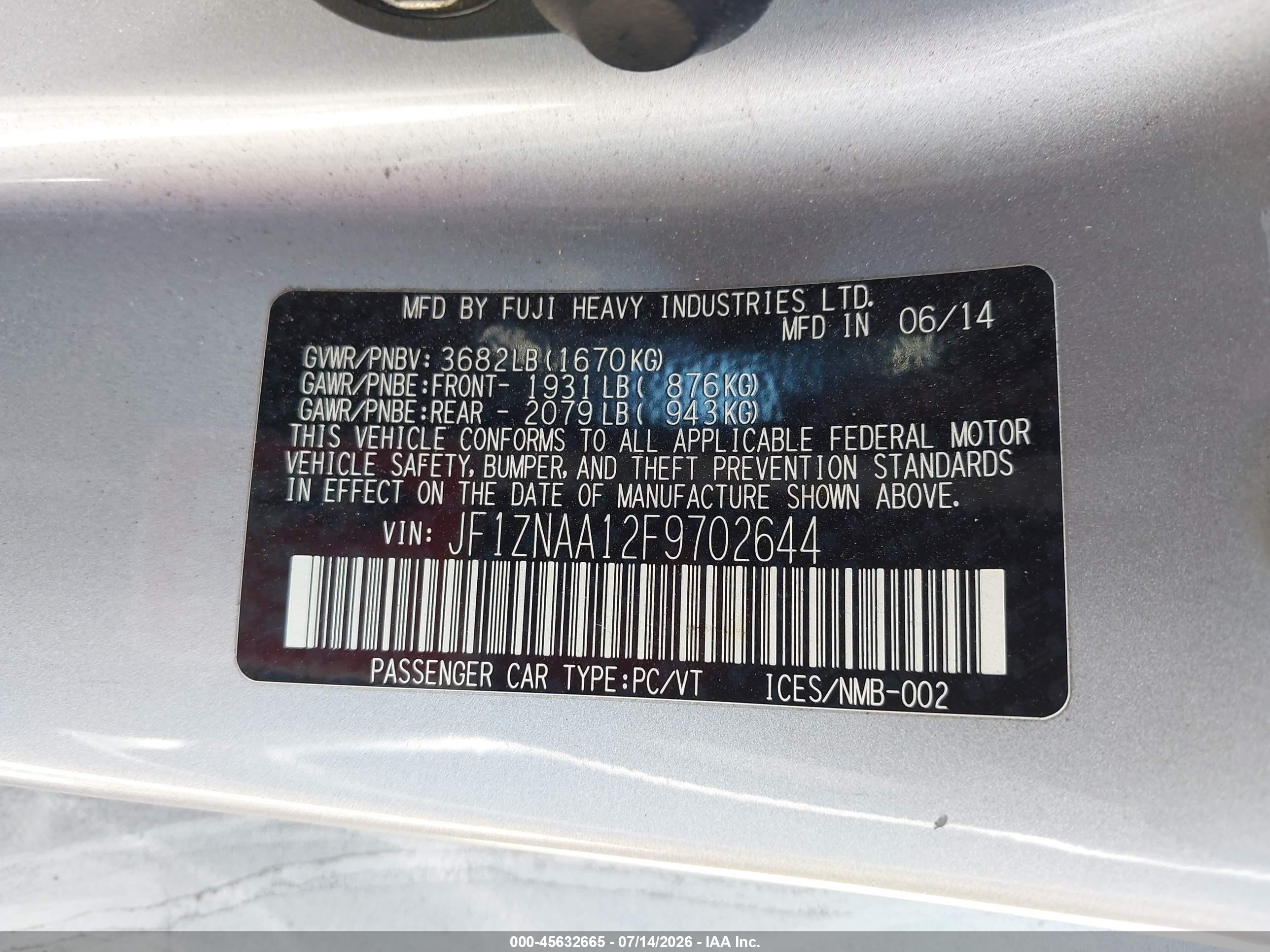 2015 Scion Fr-s VIN JF1ZNAA12F9702644 IAAI salvage auction — Front End, Salvage (California), sold $2,100 on 2026-09-07 (photo 9)