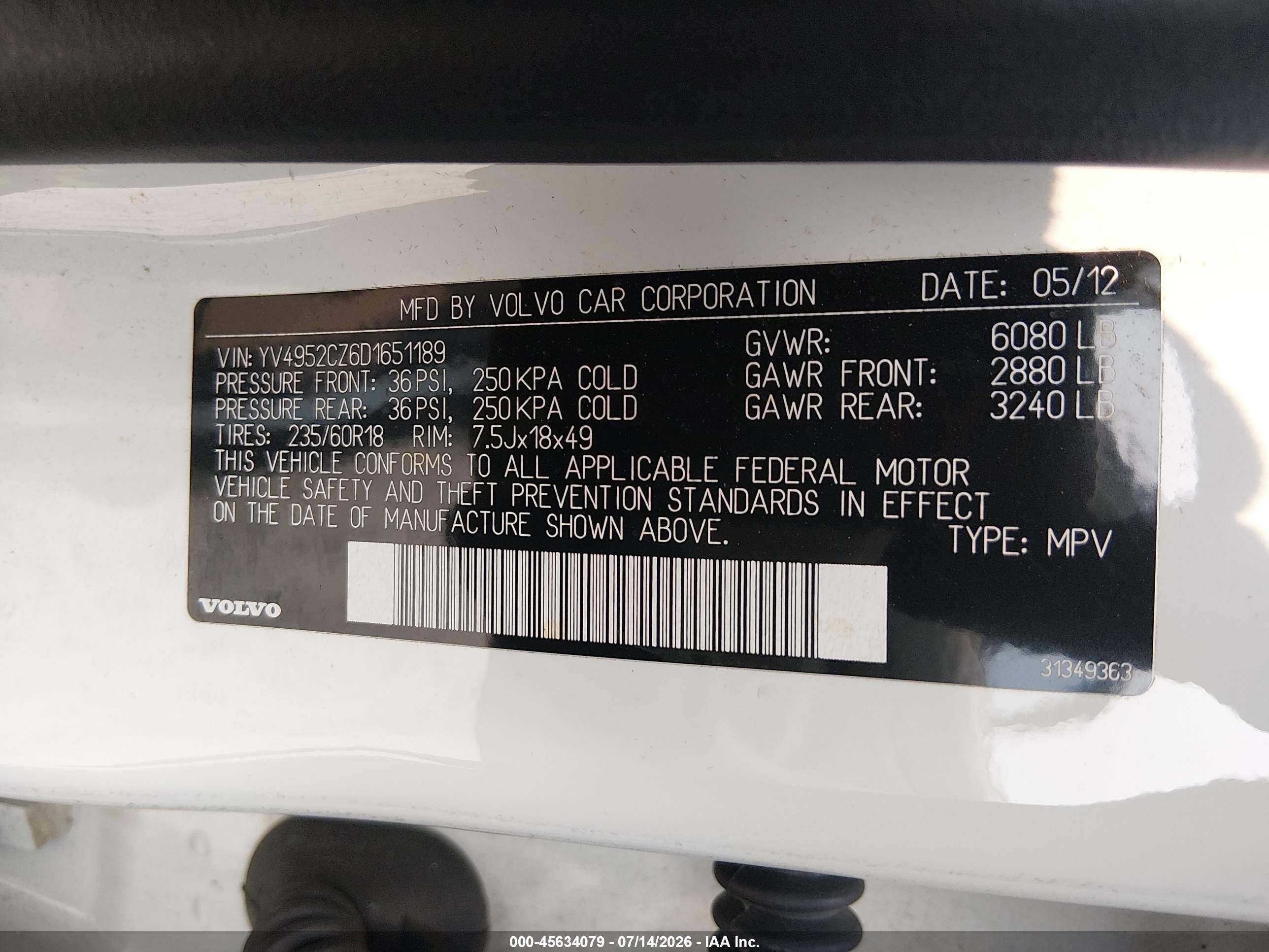 2013 Volvo XC90 VIN YV4952CZ6D1651189 IAAI salvage auction — Rear End, Salvage (New Jersey), sold $1,350 on 2026-09-13 (photo 9)
