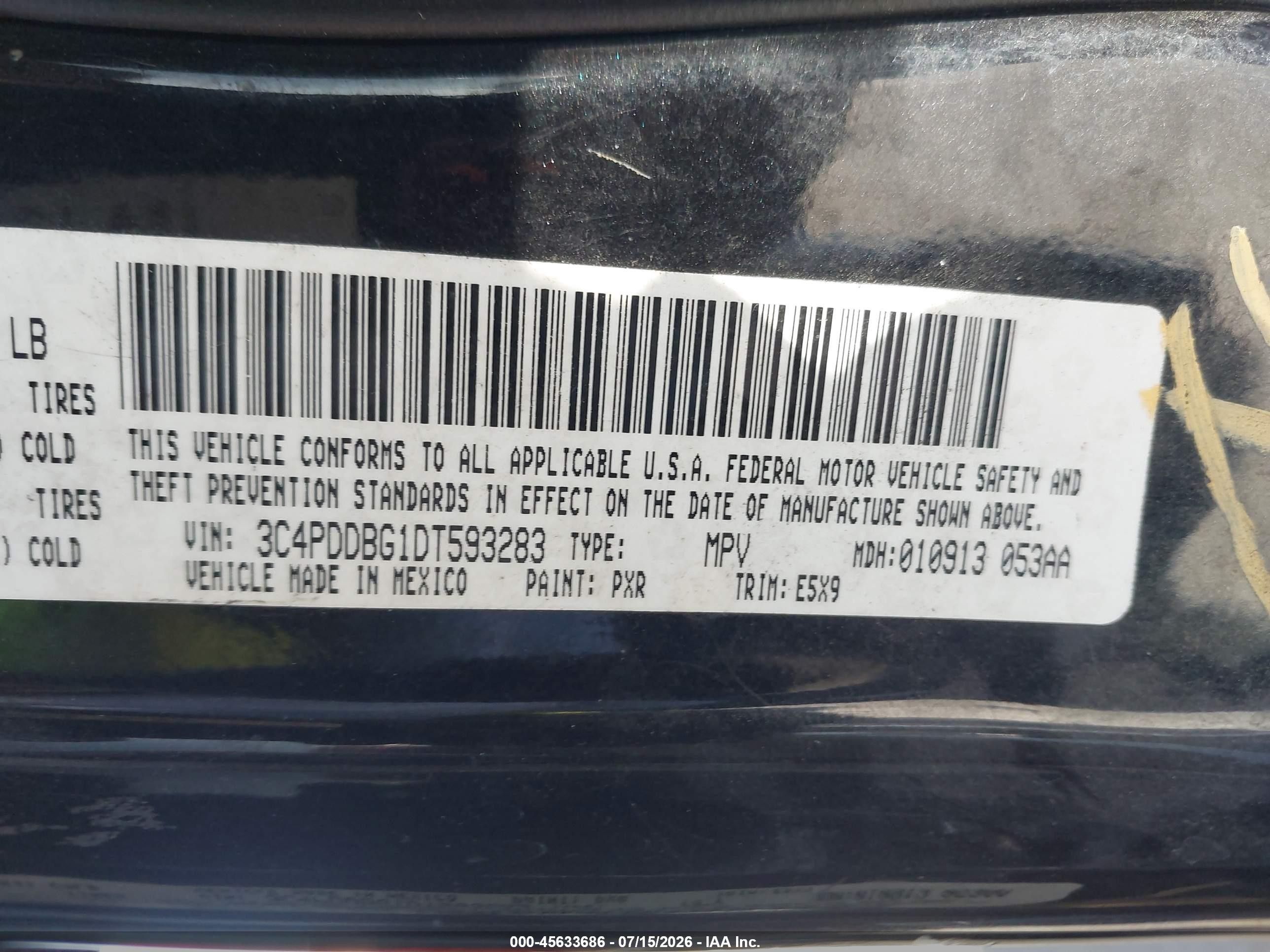 2013 Dodge Journey VIN 3C4PDDBG1DT593283 IAAI salvage auction — Normal Wear, Clear - Dealer Only (California), sold $475 on 2026-09-03 (photo 9)