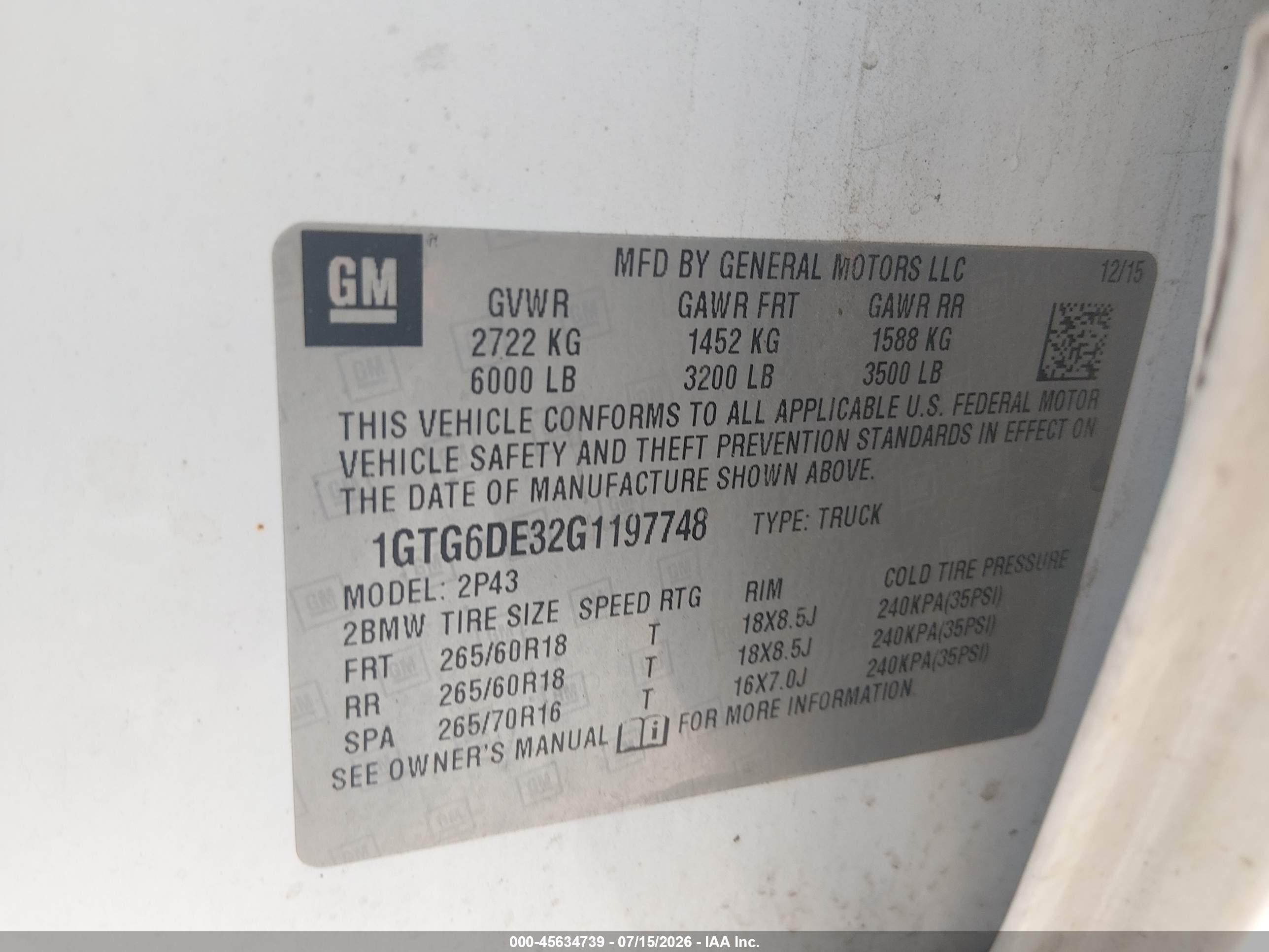 2016 Gmc Canyon VIN 1GTG6DE32G1197748 IAAI salvage auction — Front End, Salvage (West Virginia), sold $1,600 on 2026-09-05 (photo 9)