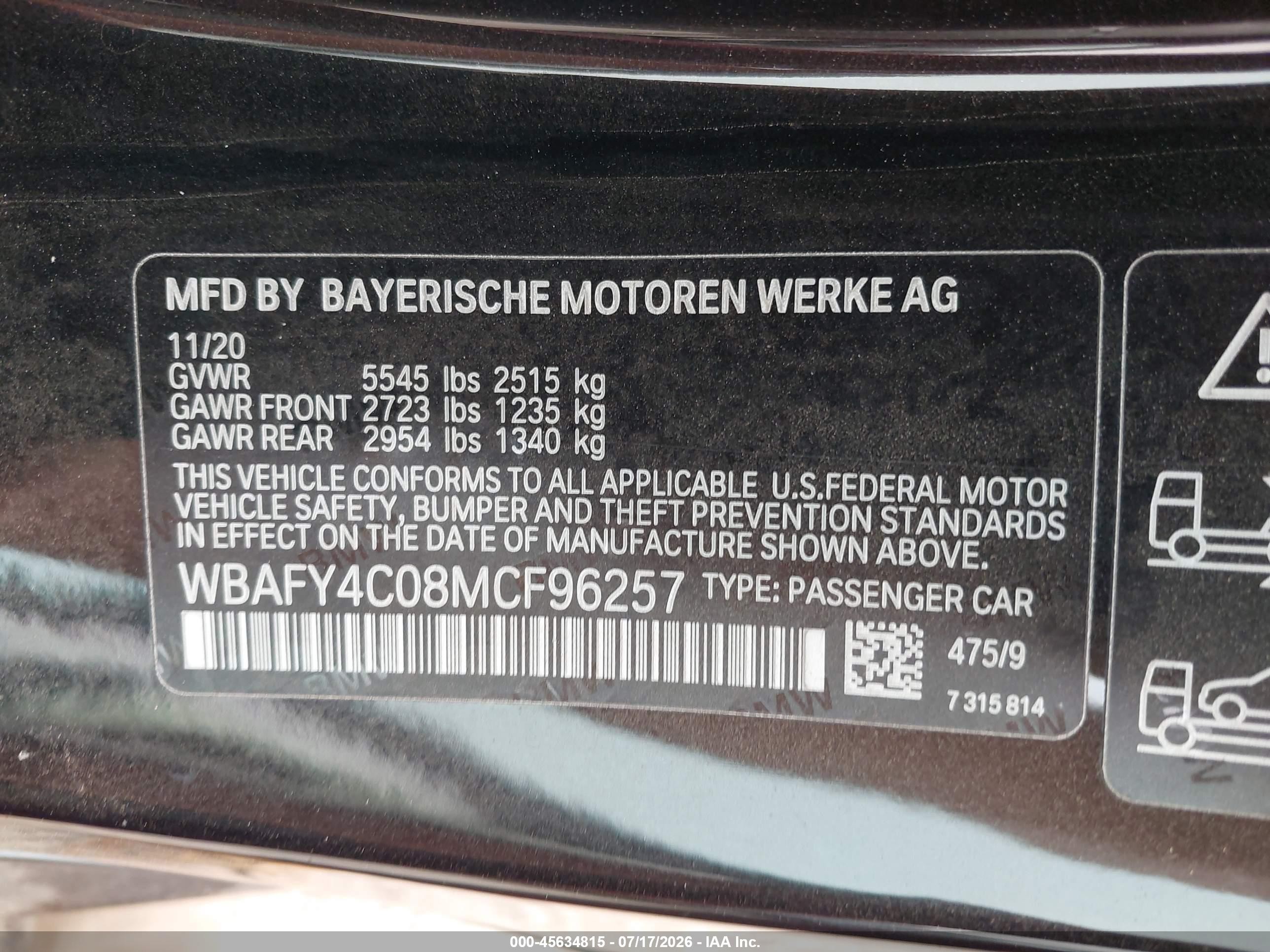 2021 BMW 8er VIN WBAFY4C08MCF96257 IAAI salvage auction — Water/Flood, Salvage (Idaho), sold $13,700 on 2026-09-04 (photo 9)