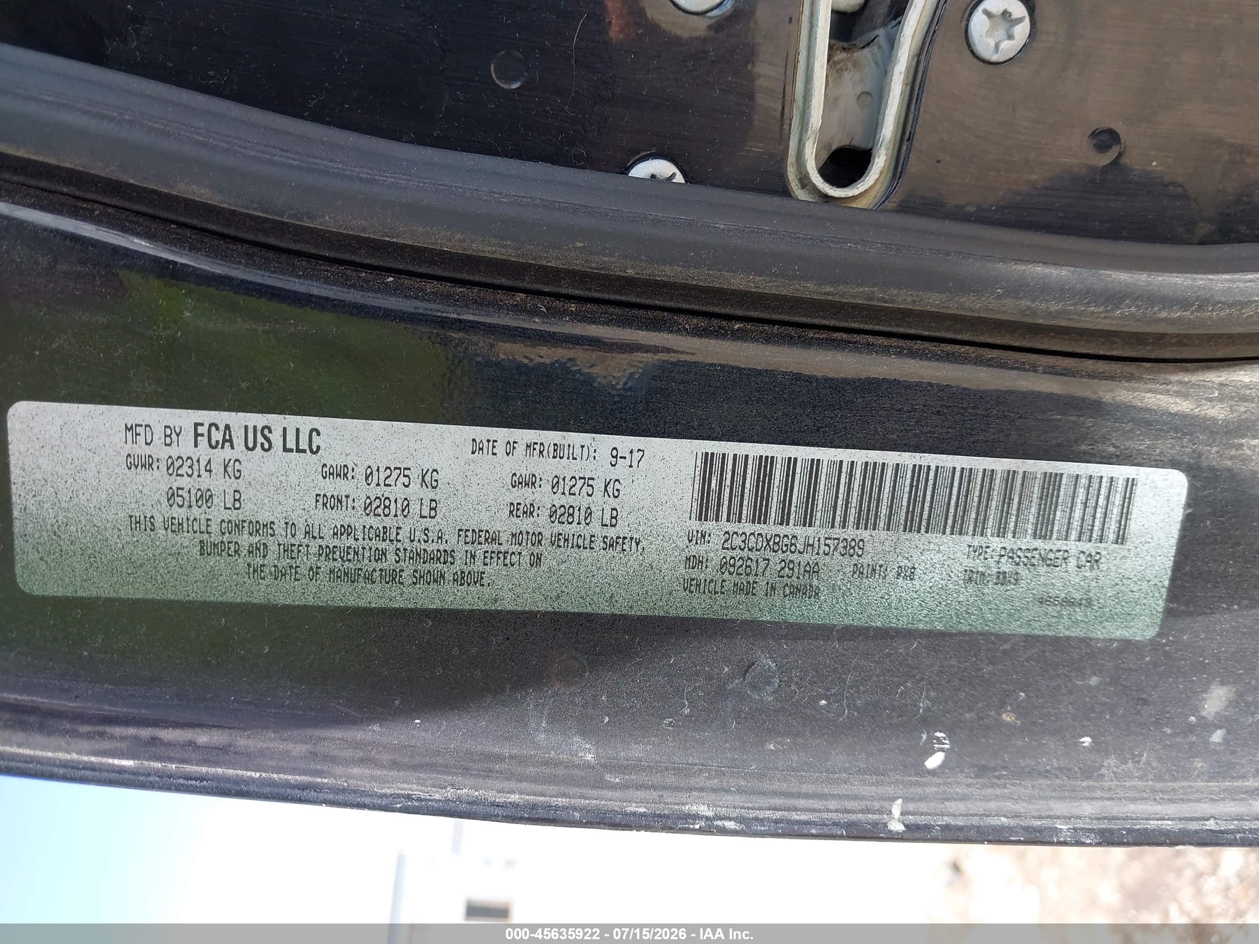 2018 Dodge Charger VIN 2C3CDXBG6JH157389 IAAI salvage auction — Hail, Salvage (Texas), sold $3,300 on 2026-09-25 (photo 9)