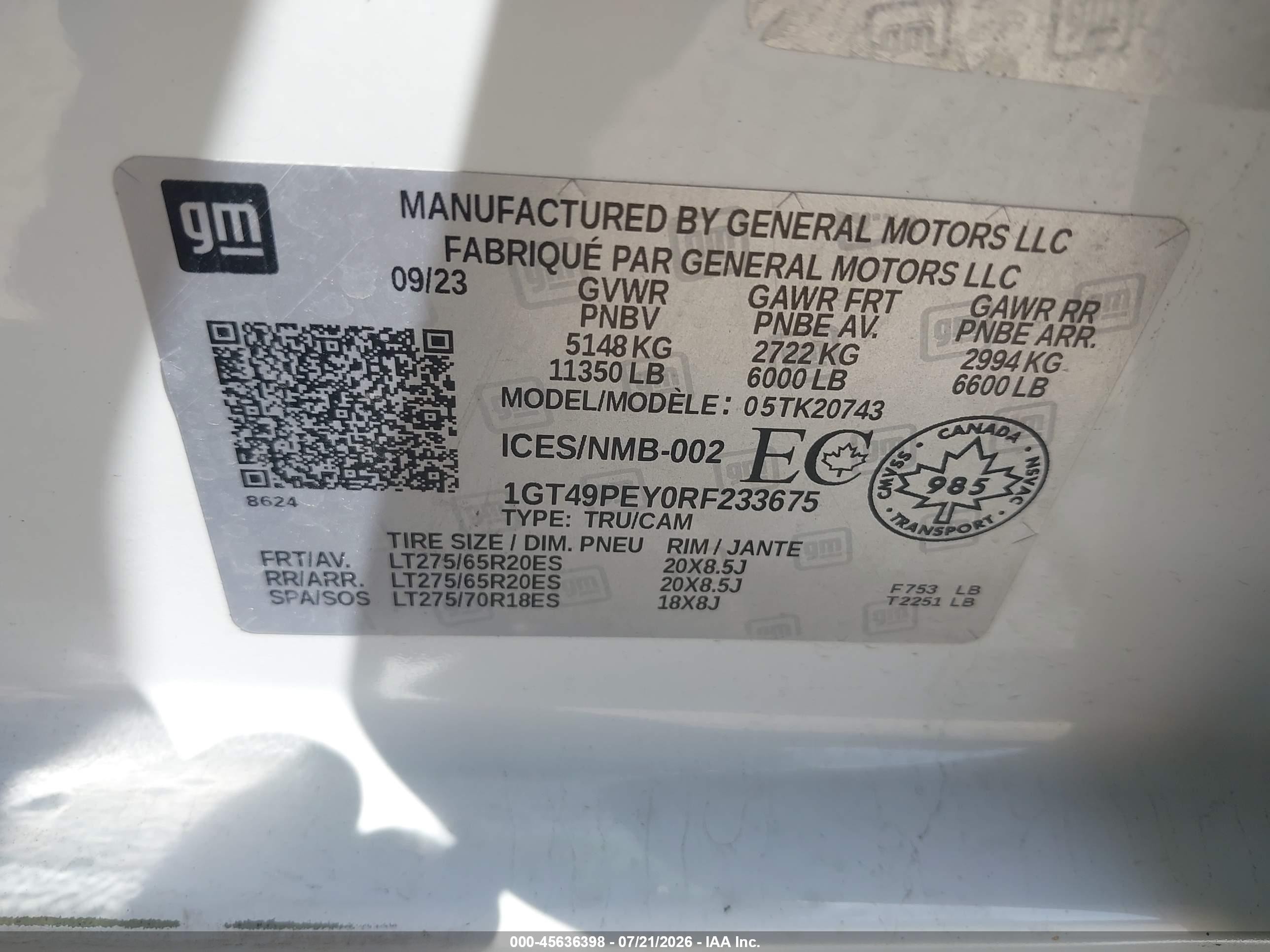 2024 Gmc SIERRA VIN 1GT49PEY0RF233675 IAAI salvage auction — Front End, Original (Texas), sold $29,500 on 2026-09-02 (photo 8)