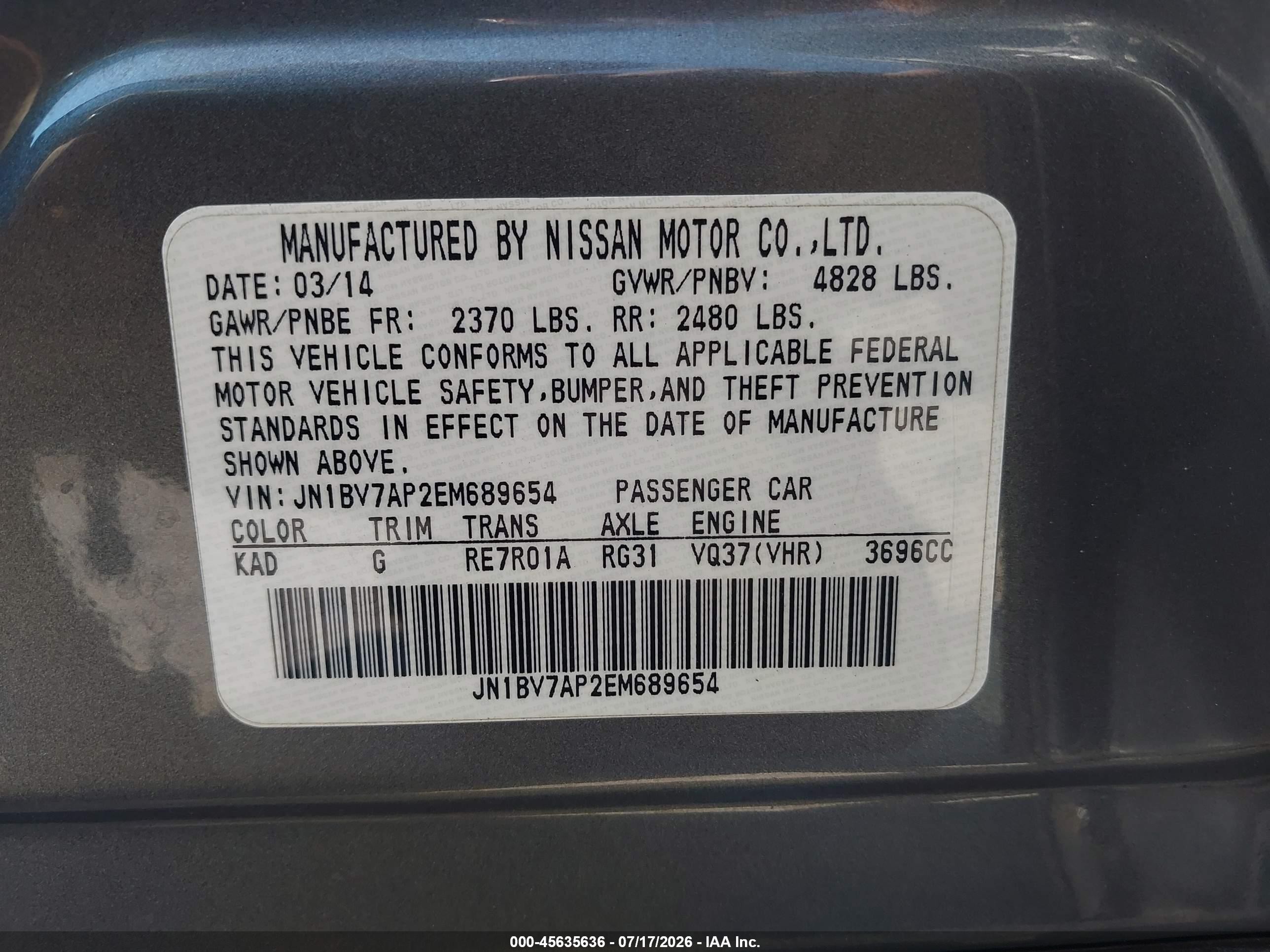 2014 Infiniti Q50 VIN JN1BV7AP2EM689654 IAAI salvage auction — Rear End, Salvage (Georgia), sold $1,350 on 2026-09-09 (photo 9)