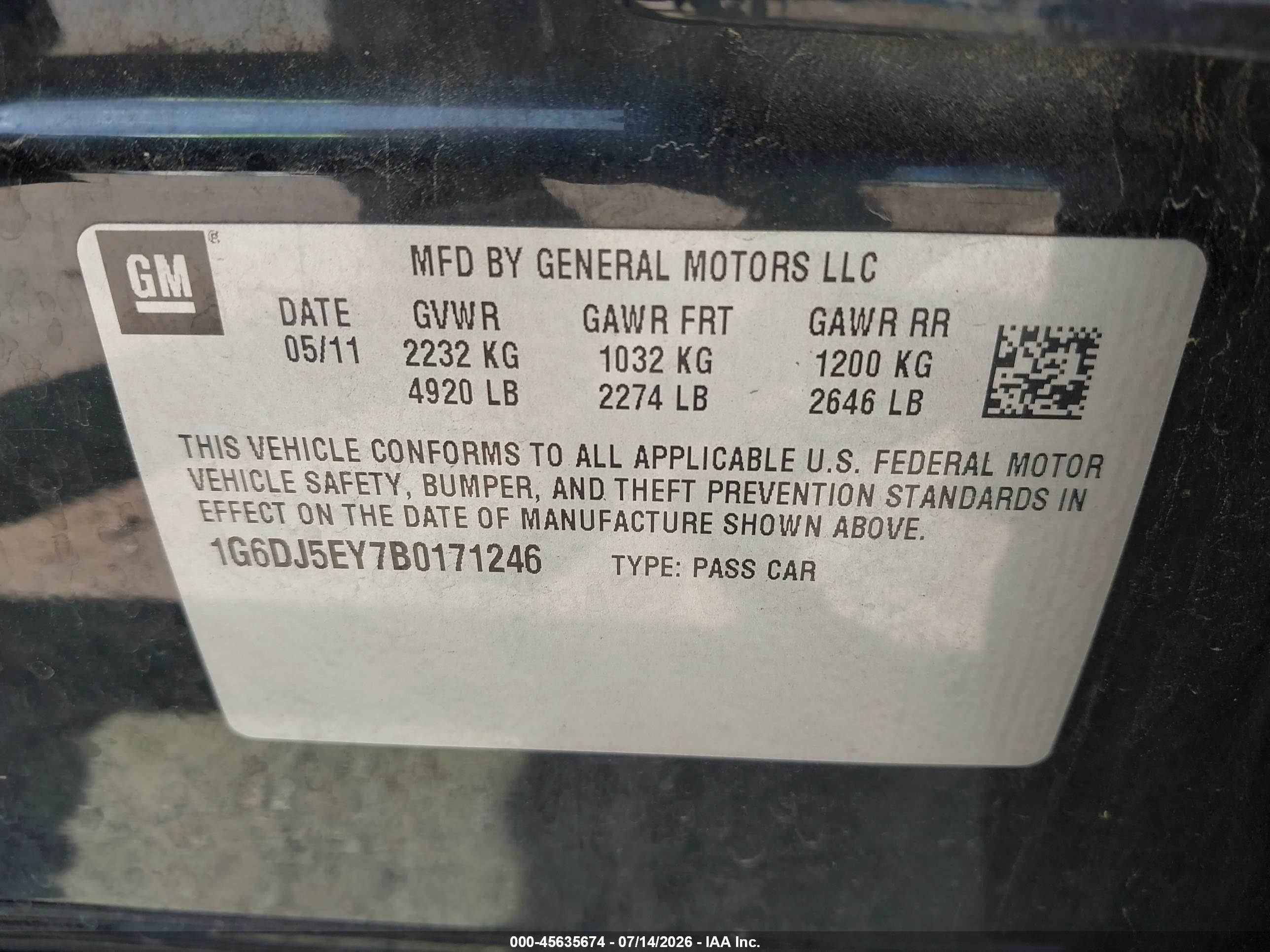2011 Cadillac Cts VIN 1G6DJ5EY7B0171246 IAAI salvage auction — Front End, Clear (Indiana), sold $725 on 2026-09-05 (photo 9)