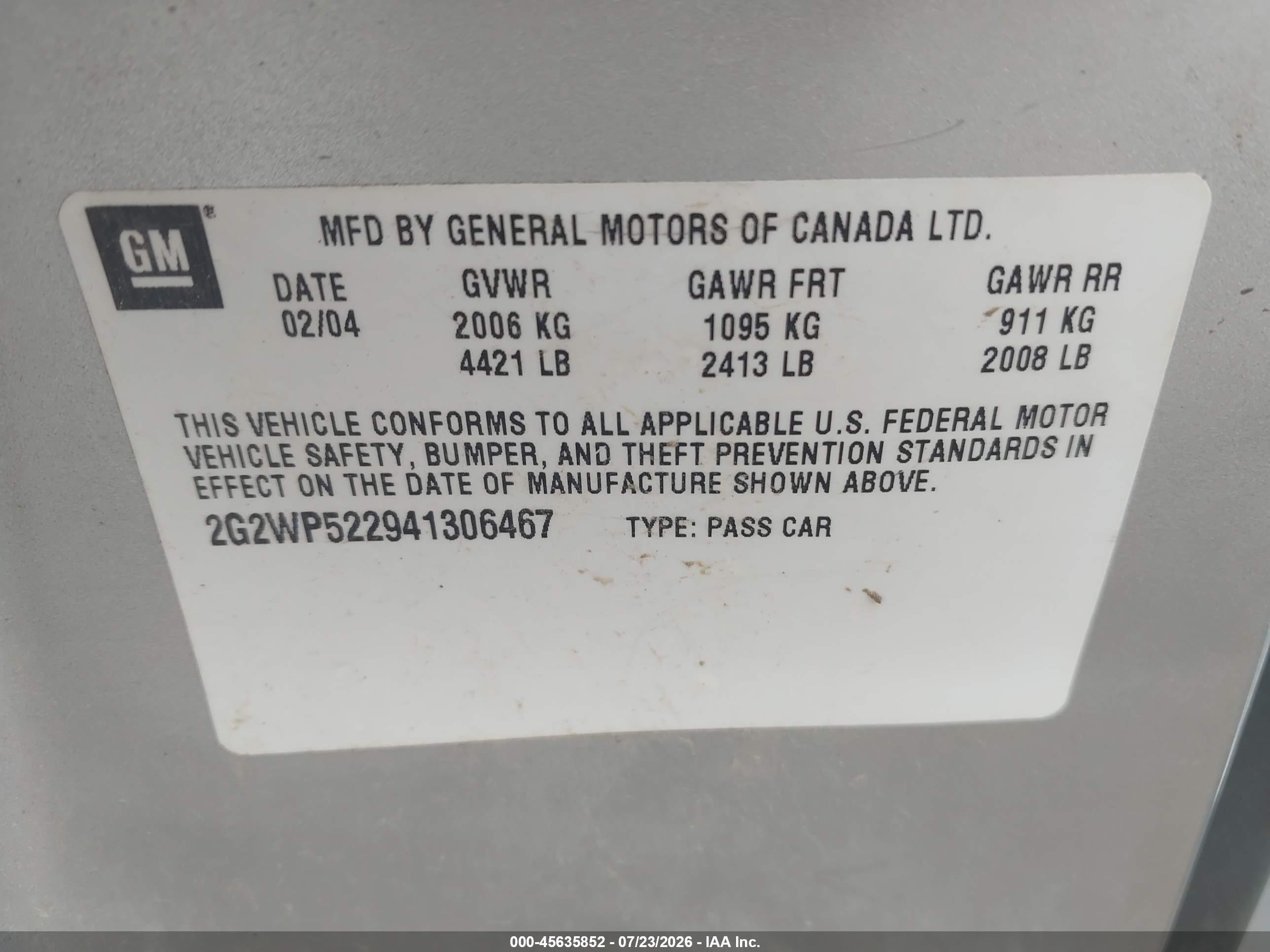2004 Pontiac Grand prix VIN 2G2WP522941306467 IAAI salvage auction — Front End, Regular (South Dakota), sold $375 on 2026-09-11 (photo 9)