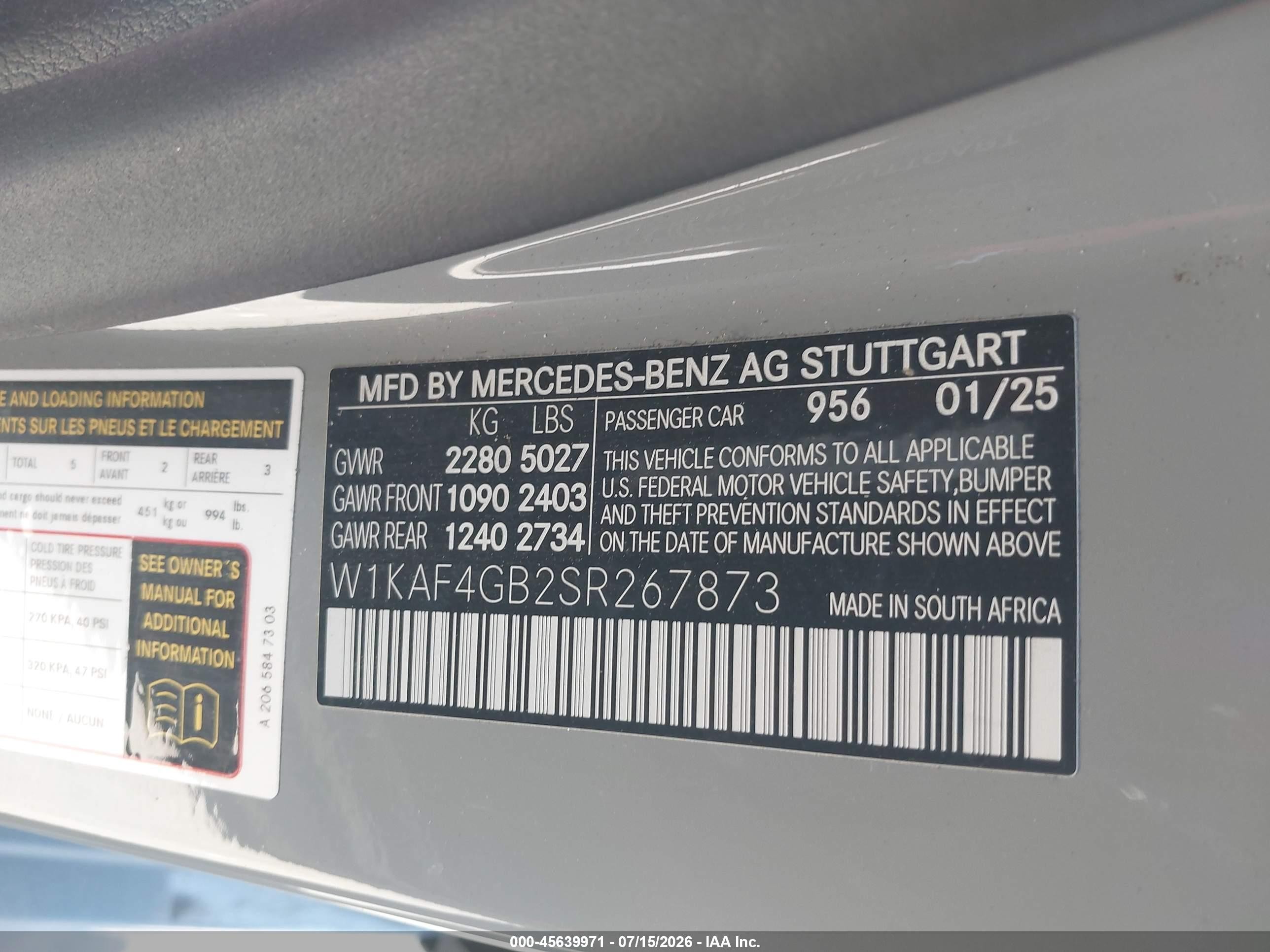 2025 Mercedes-Benz C-Class VIN W1KAF4GB2SR267873 IAAI salvage auction — Rear End, Salvage (California), sold $27,500 on 2026-09-03 (photo 9)