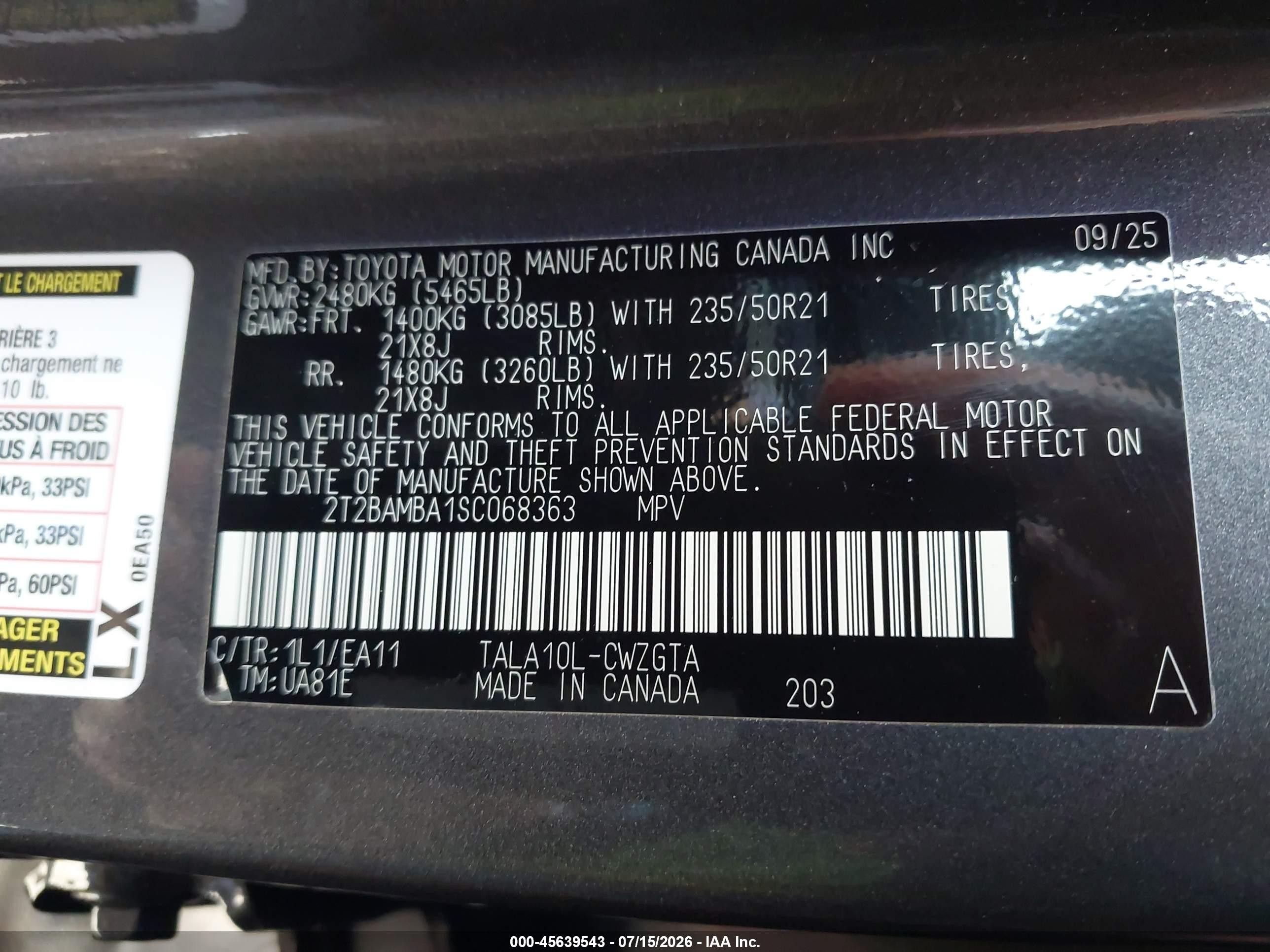 2025 Lexus Rx VIN 2T2BAMBA1SC068363 IAAI salvage auction — Side, Salvage (California), sold $28,500 on 2026-09-10 (photo 9)