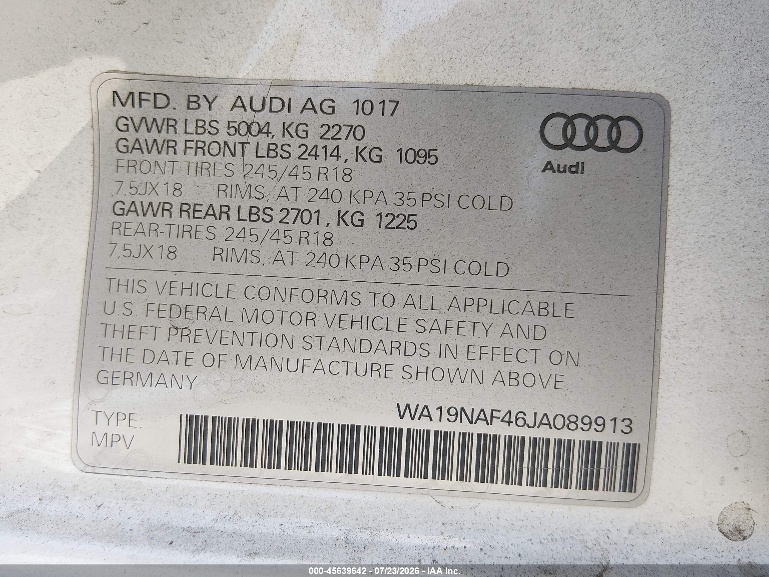 2018 Audi A4 allroad VIN WA19NAF46JA089913 IAAI salvage auction — Front End, Wait Title, sold $5,400 on 2026-09-20 (photo 9)