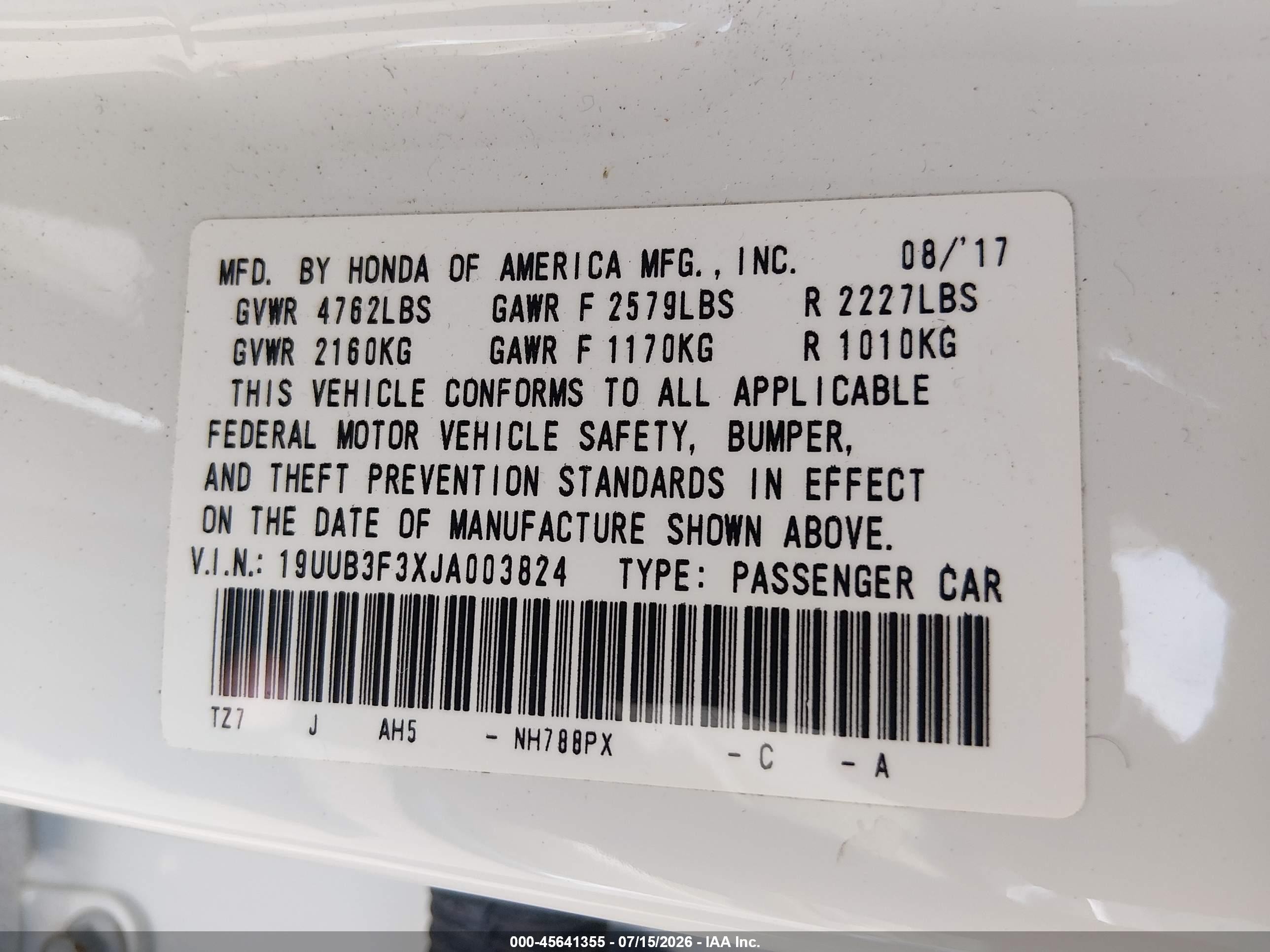2018 Acura Tlx VIN 19UUB3F3XJA003824 IAAI salvage auction — Side, Salvage (Pennsylvania), sold $3,550 on 2026-09-24 (photo 9)