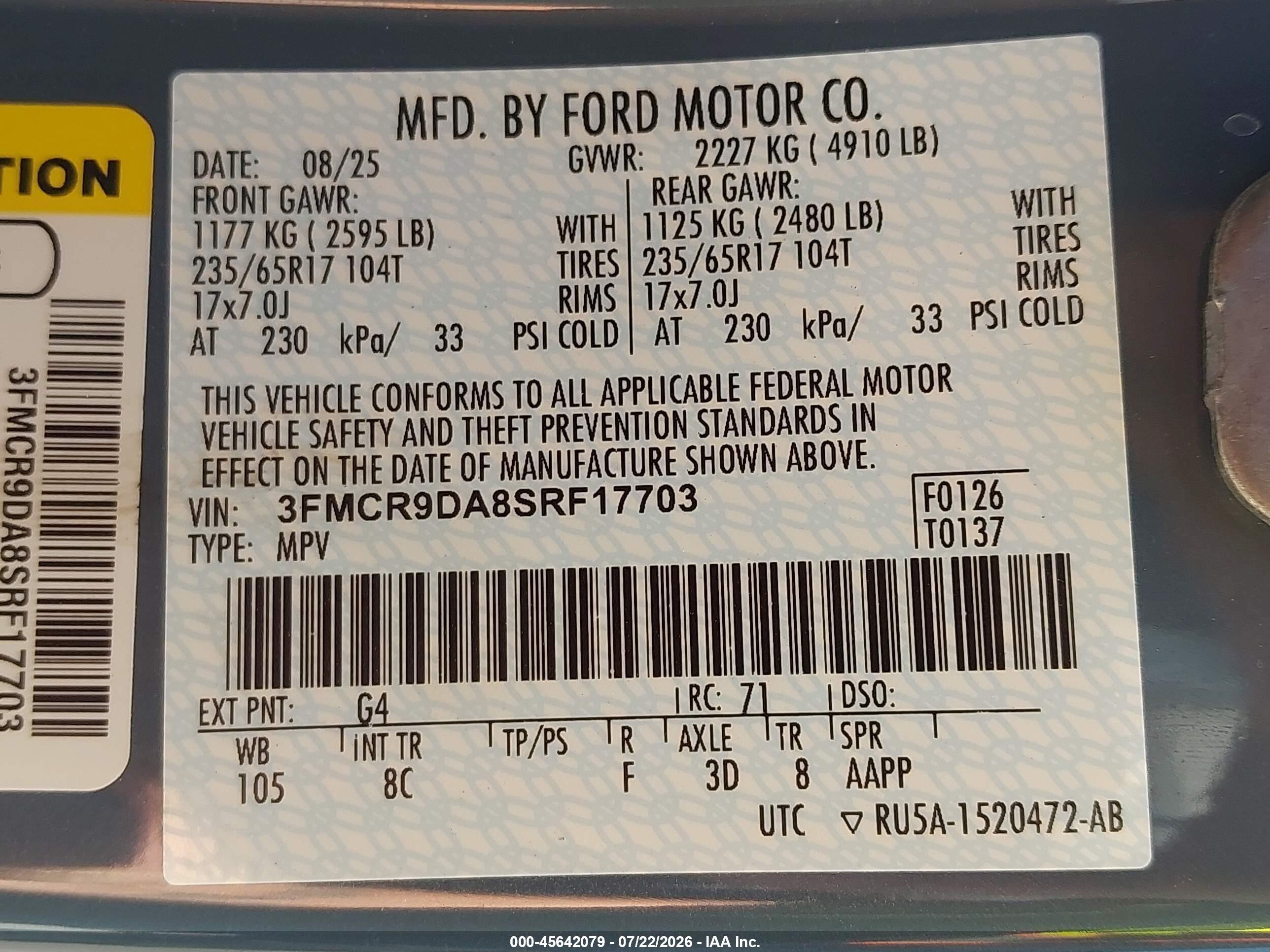 2025 Ford Bronco Sport VIN 3FMCR9DA8SRF17703 IAAI salvage auction — Front End, Wait Title, sold $10,300 on 2026-09-20 (photo 9)