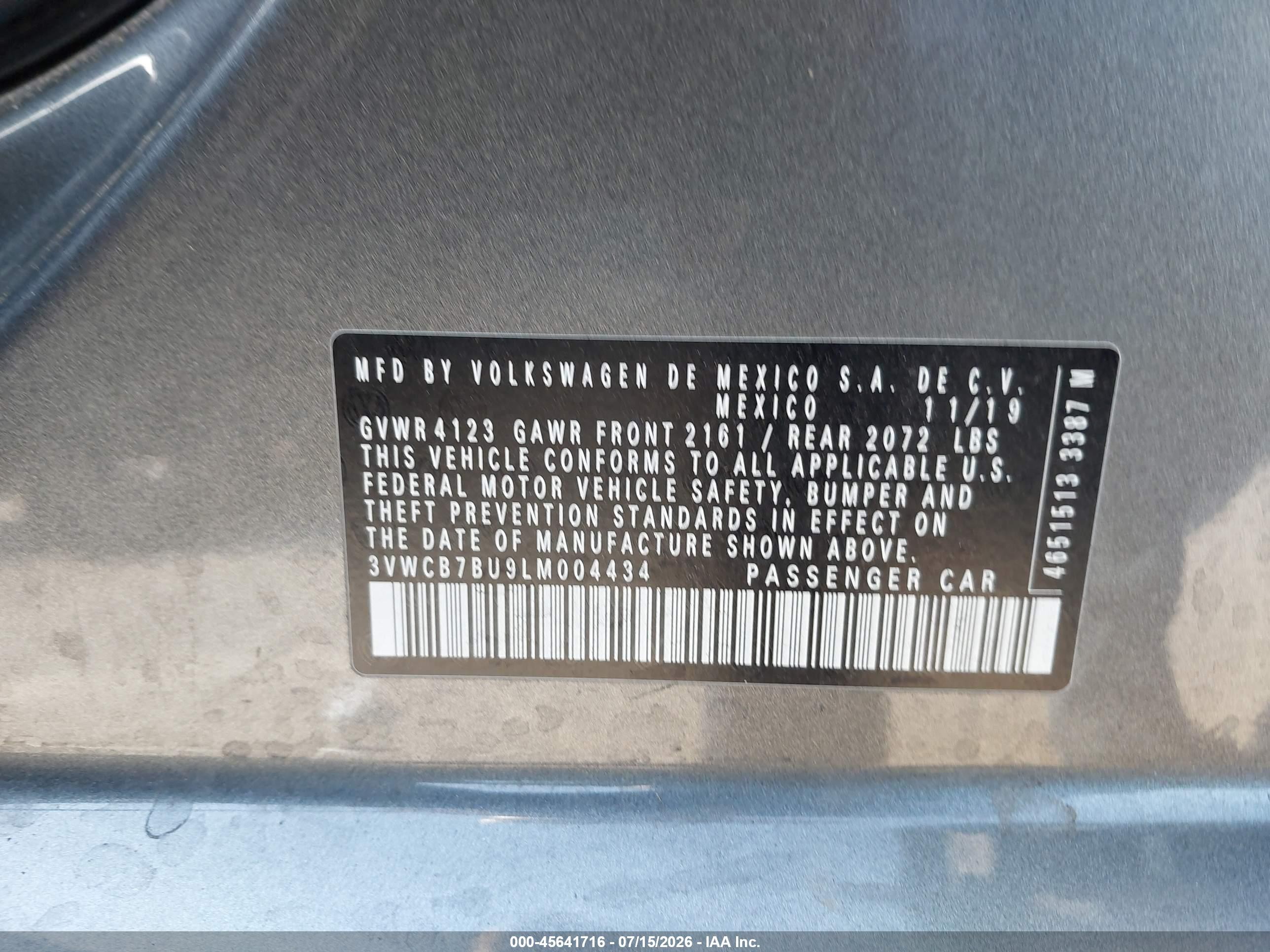 2020 Volkswagen Jetta VIN 3VWCB7BU9LM004434 IAAI salvage auction — Unknown, Salvage (California), sold $2,575 on 2026-09-03 (photo 9)
