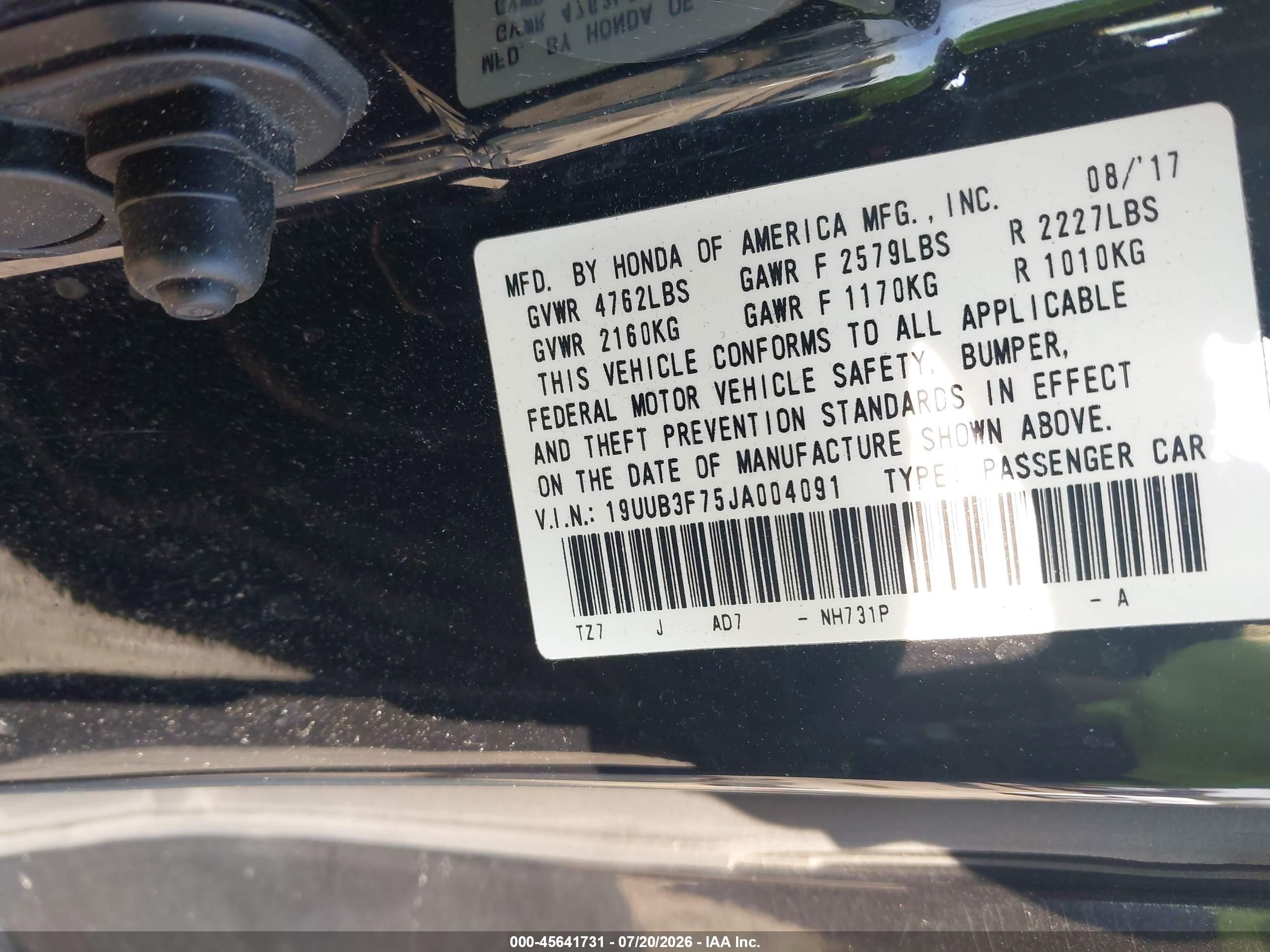 2018 Acura Tlx VIN 19UUB3F75JA004091 IAAI salvage auction — Side, Clear (Michigan), sold $3,950 on 2026-09-05 (photo 9)