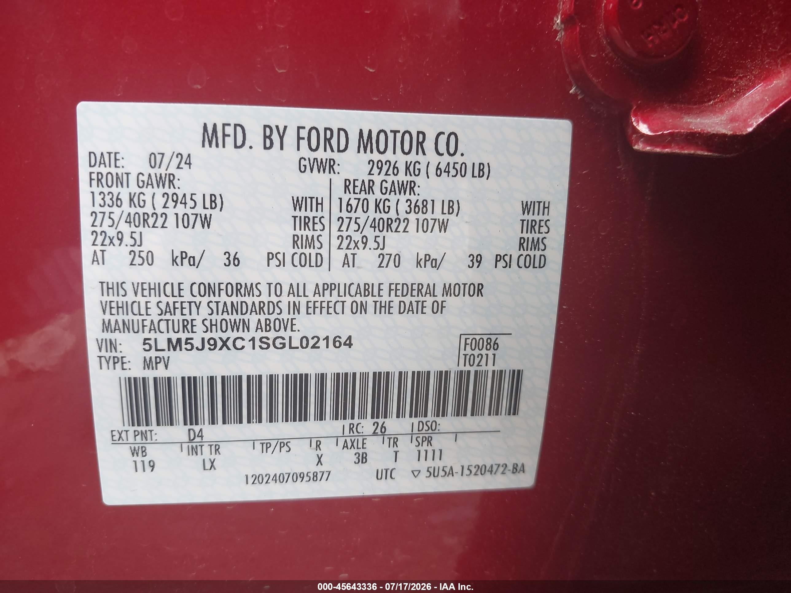 2025 Lincoln Aviator VIN 5LM5J9XC1SGL02164 IAAI salvage auction — Unknown, Salvage (Alabama), sold $18,000 on 2026-08-31 (photo 9)