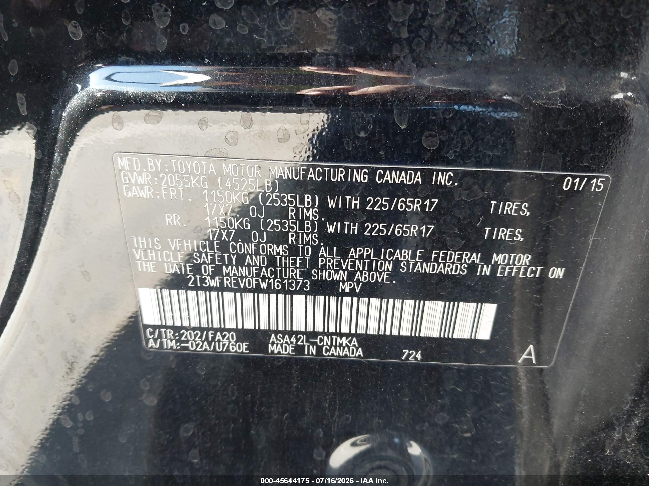 2015 Toyota Rav 4 VIN 2T3WFREV0FW161373 IAAI salvage auction — Rear End, Salvage (California), sold $4,050 on 2026-09-13 (photo 9)