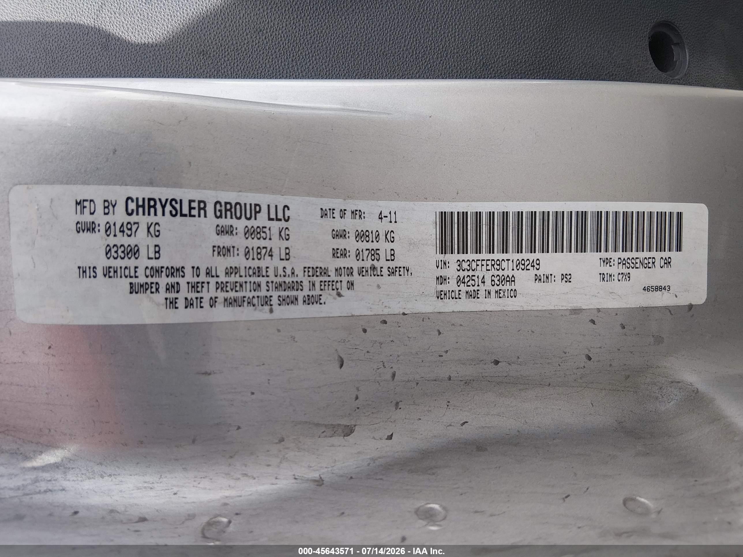 2012 Fiat 500 VIN 3C3CFFER9CT109249 IAAI salvage auction — Normal Wear, Clear (Texas), sold $625 on 2026-07-28 (photo 9)