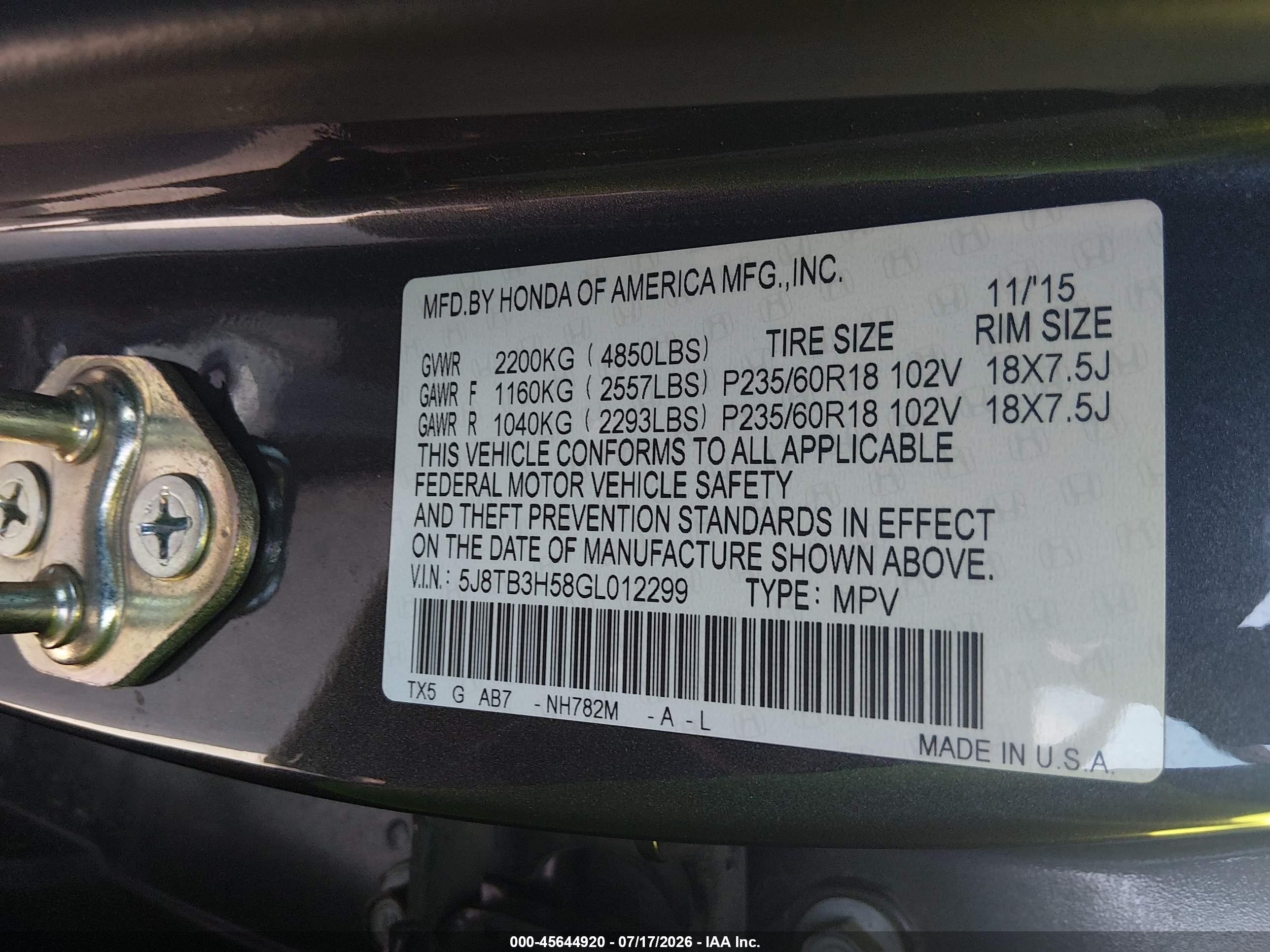 2016 Acura RDX VIN 5J8TB3H58GL012299 IAAI salvage auction — Side, Wait Title, sold $1,950 on 2026-09-20 (photo 9)