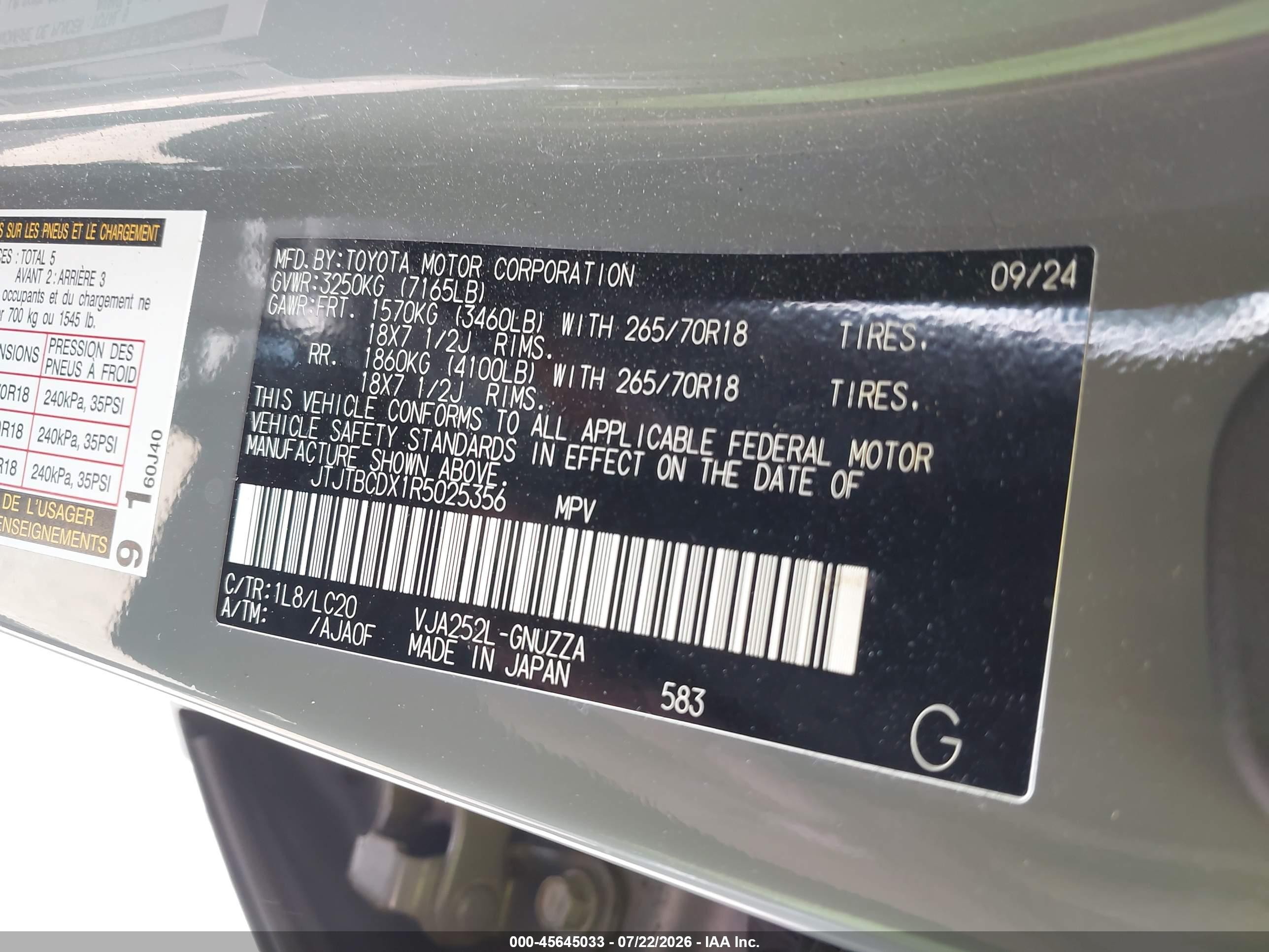 2024 Lexus Gx VIN JTJTBCDX1R5025356 IAAI salvage auction — Unknown, Salvage (Ohio), sold $31,750 on 2026-08-12 (photo 9)