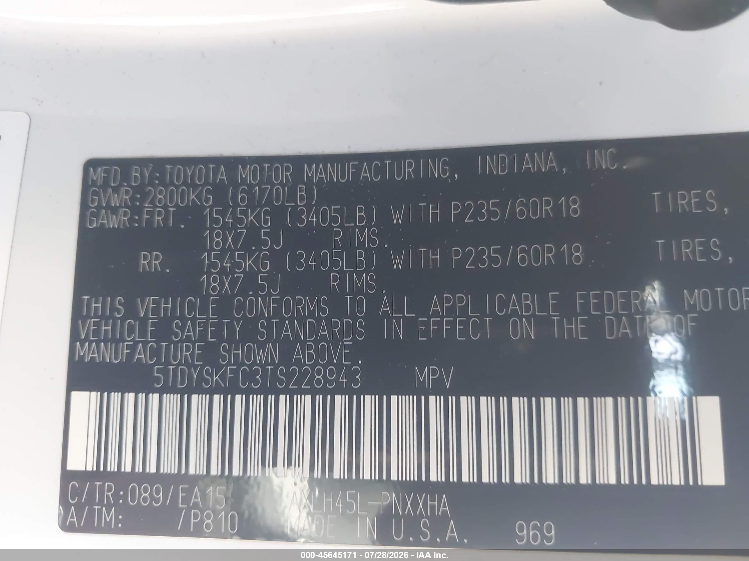 2026 Toyota Sienna VIN 5TDYSKFC3TS228943 IAAI salvage auction — Rear End, Salvage (California), sold $24,300 on 2026-08-19 (photo 9)