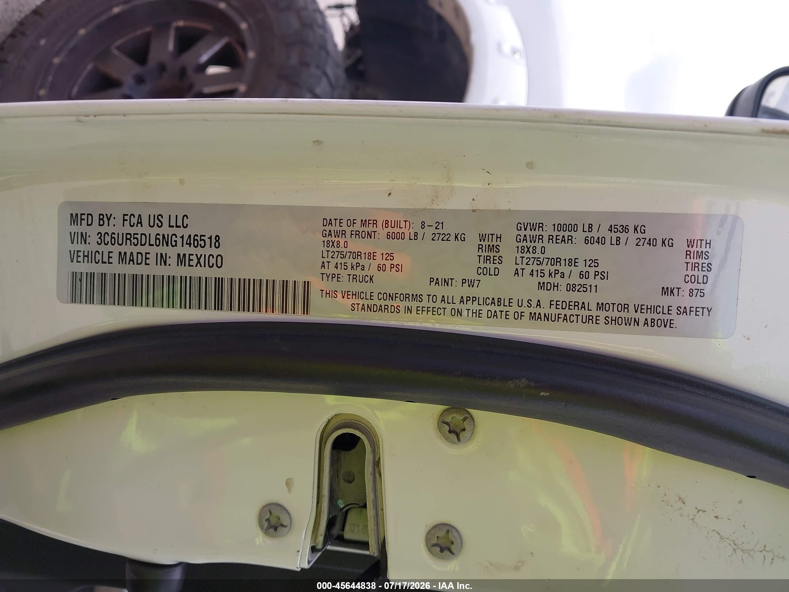 2022 Ram 2500 VIN 3C6UR5DL6NG146518 IAAI salvage auction — Rear End, Original (Texas), sold $11,900 on 2026-09-24 (photo 9)
