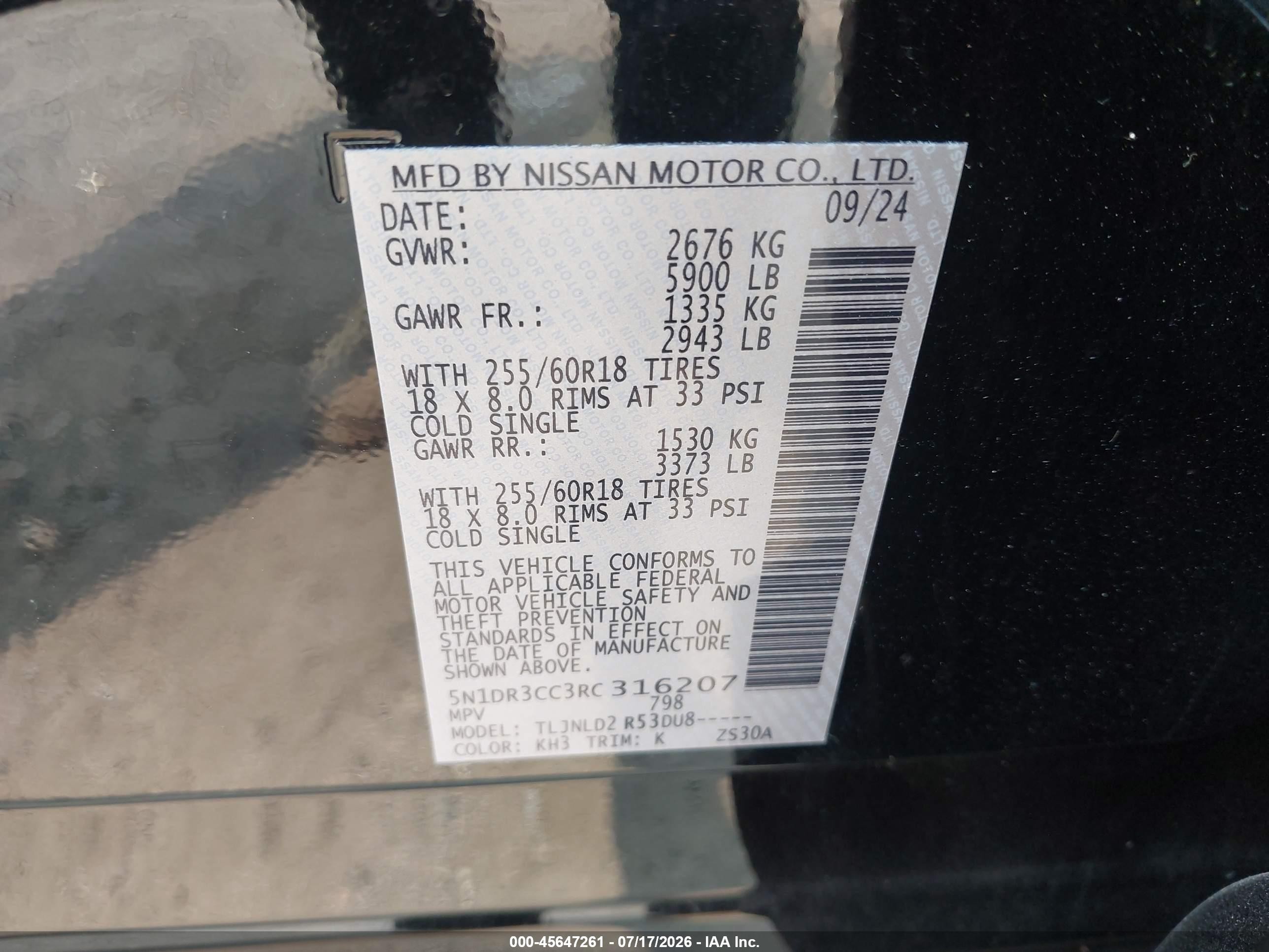 2024 Nissan Pathfinder VIN 5N1DR3CC3RC316207 IAAI salvage auction — Front End, Salvage - Greater Than 75% (Maryland), sold $8,300 on 2026-09-09 (photo 9)