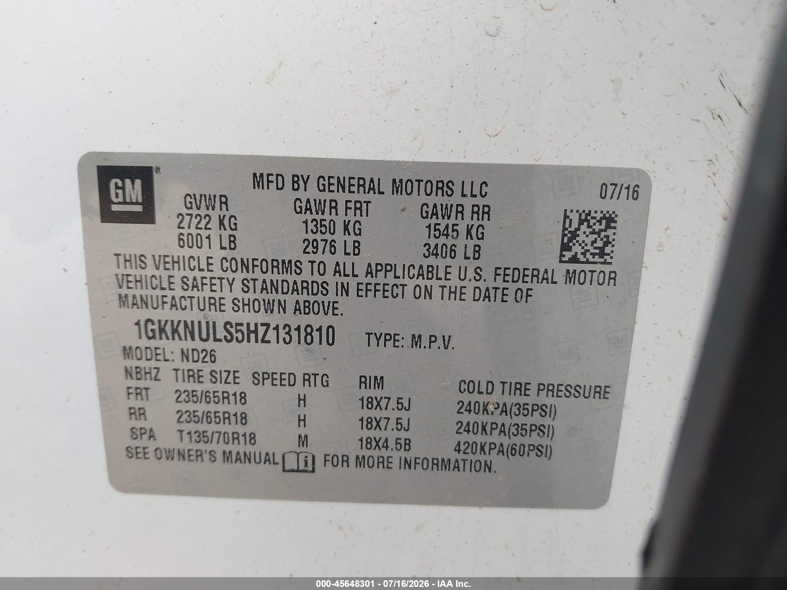 2017 Gmc Acadia VIN 1GKKNULS5HZ131810 IAAI salvage auction — Unknown, Salvage (Texas), sold $1,400 on 2026-09-10 (photo 9)