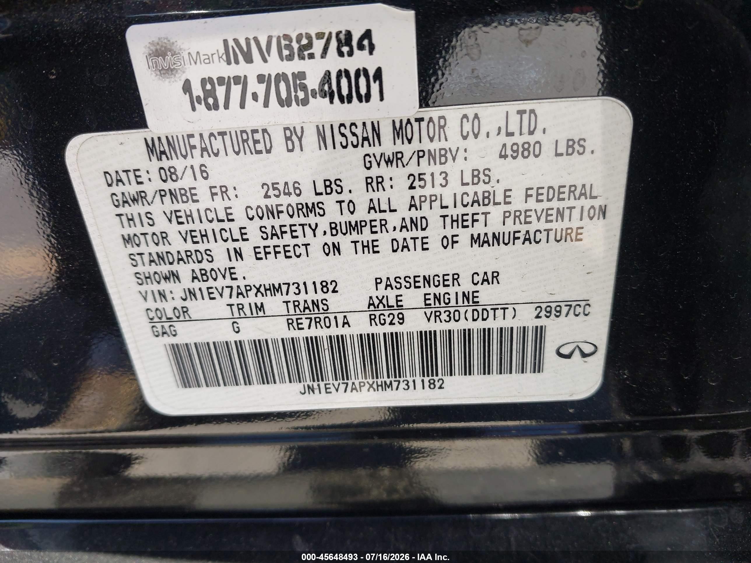 2017 Infiniti Q50 VIN JN1EV7APXHM731182 IAAI salvage auction — Front End, Salvage (California), sold $3,650 on 2026-09-21 (photo 9)