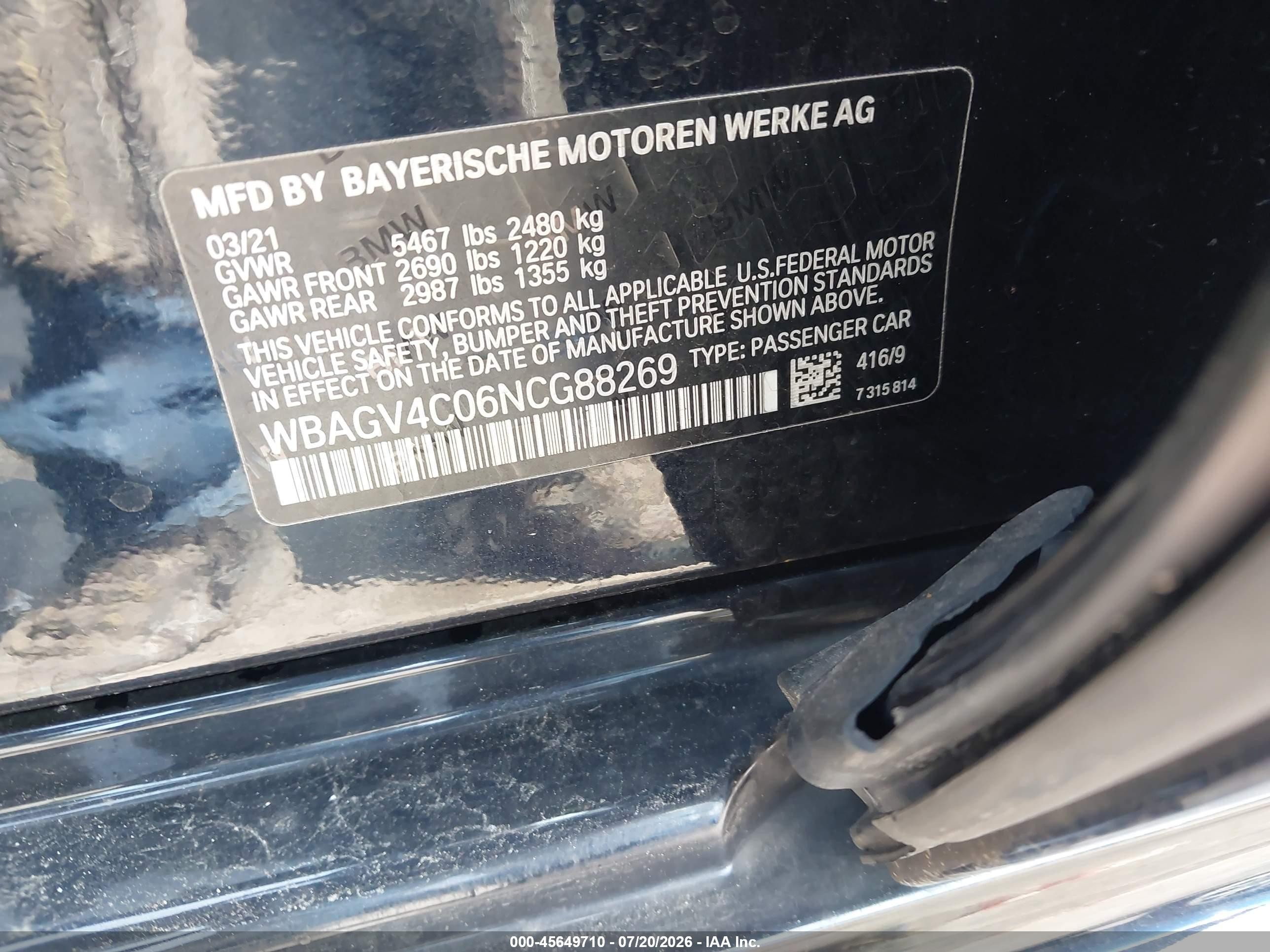 2022 BMW 8er VIN WBAGV4C06NCG88269 IAAI salvage auction — Front End, Salvage - Greater Than 75% (Maryland), sold $21,700 on 2026-10-01 (photo 9)