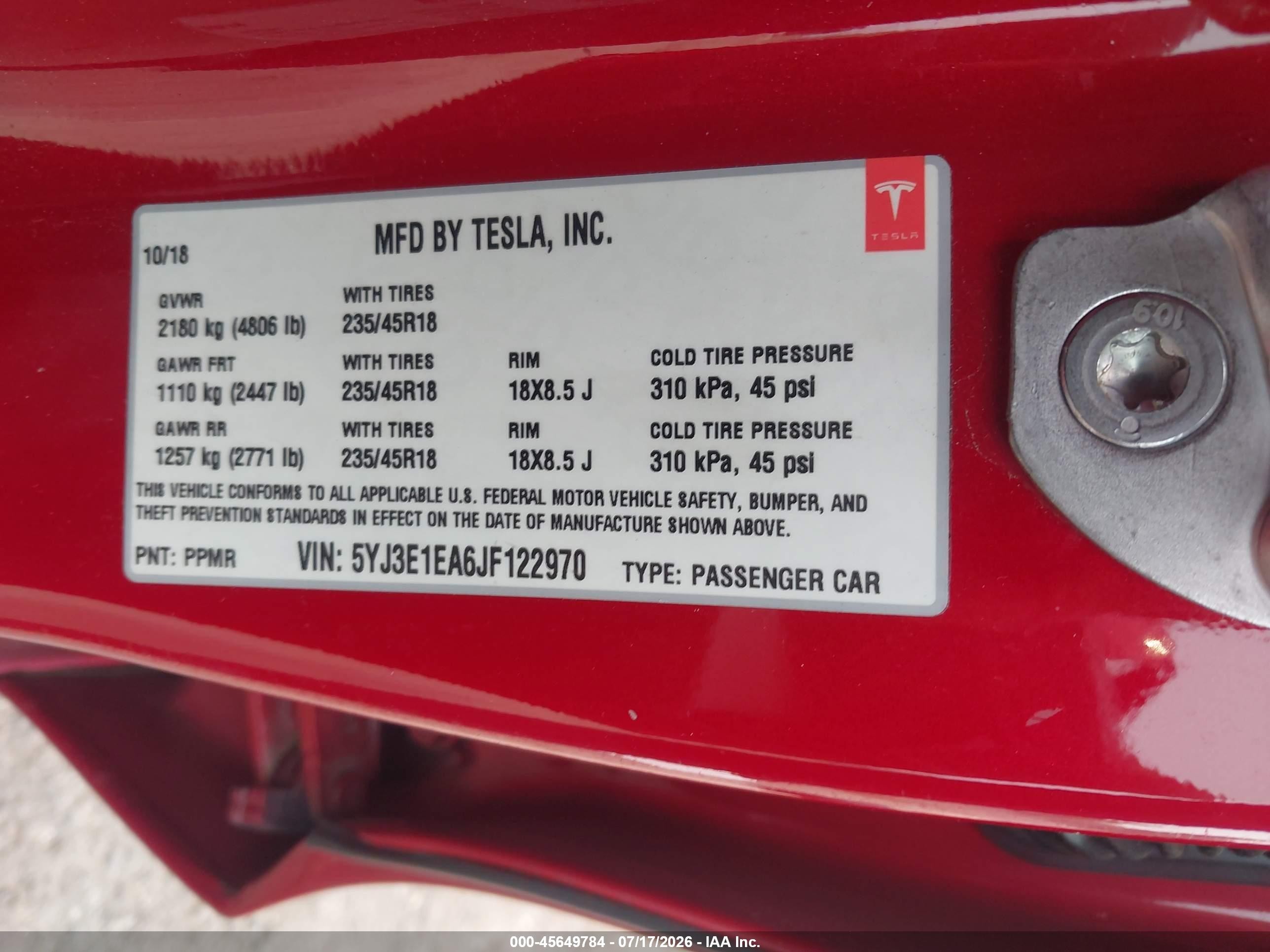 2018 Tesla Model 3 VIN 5YJ3E1EA6JF122970 IAAI salvage auction — Front & Rear, Salvage (Virginia), sold $3,200 on 2026-09-03 (photo 9)
