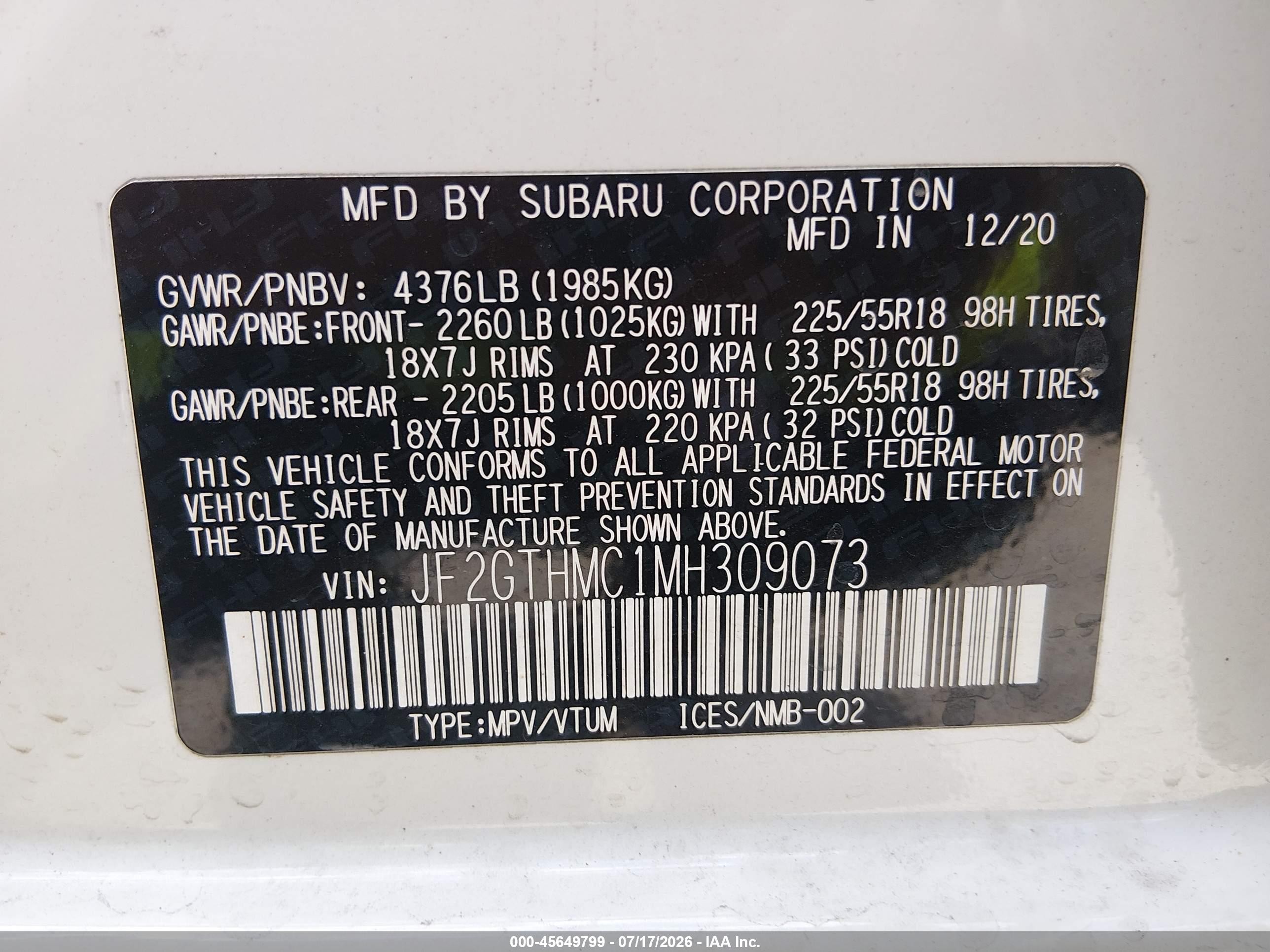 2021 Subaru Xv VIN JF2GTHMC1MH309073 IAAI salvage auction — Rear End, Salvage (Kansas), sold $2,800 on 2026-09-09 (photo 9)