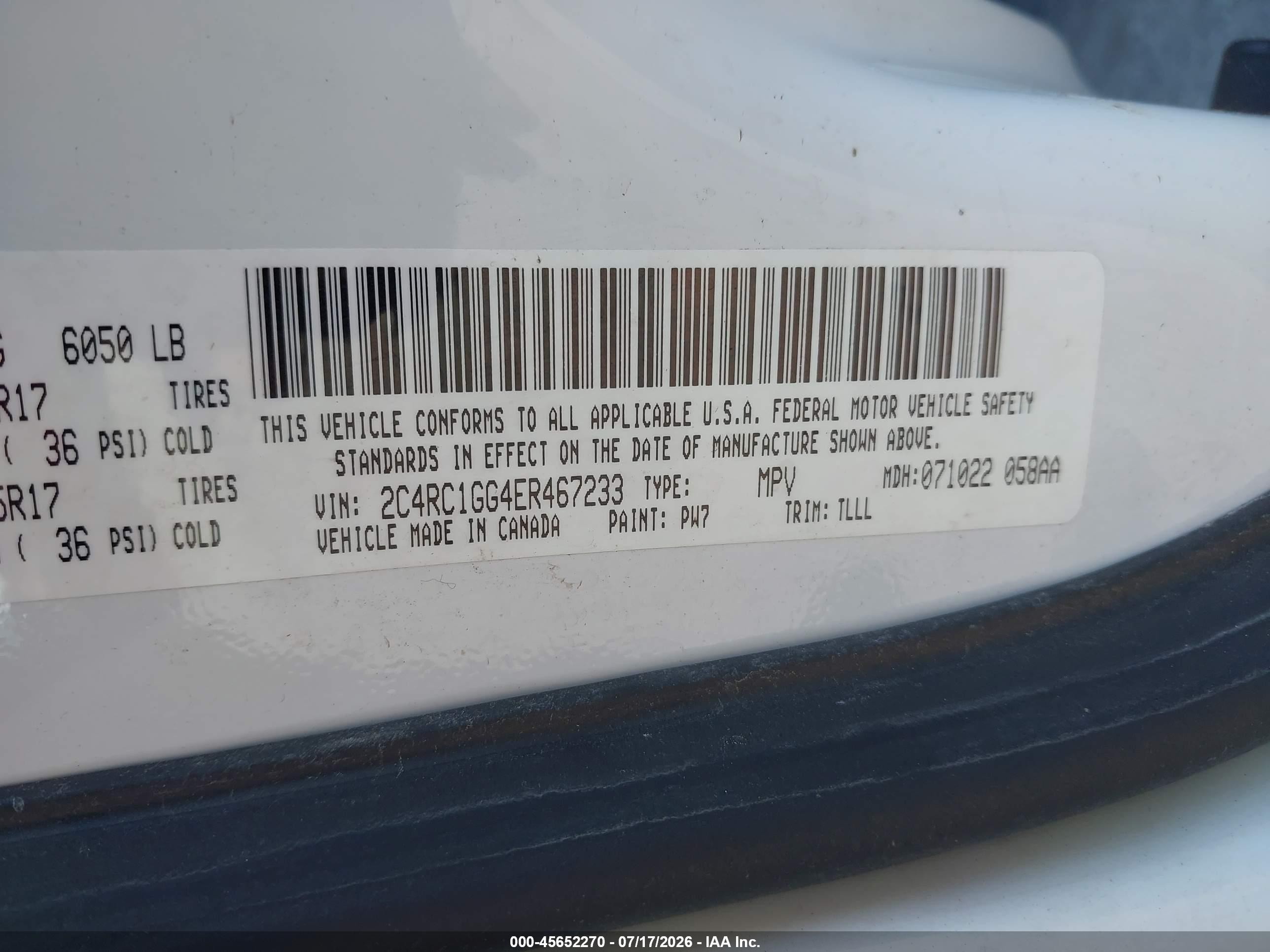 2014 Chrysler Town & country VIN 2C4RC1GG4ER467233 IAAI salvage auction — Front End, Salvage (Illinois), sold $425 on 2026-09-09 (photo 9)