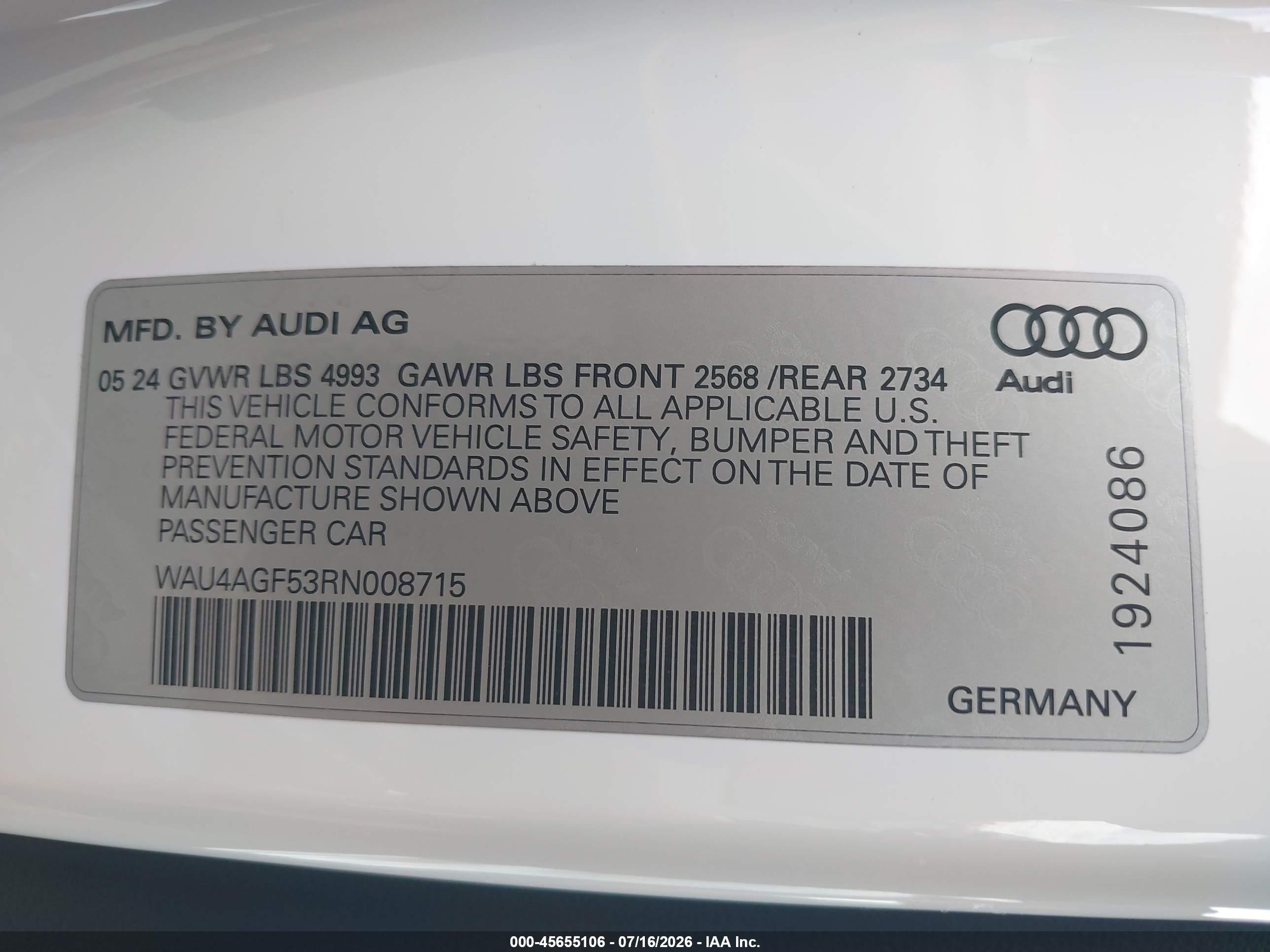2024 Audi A5 VIN WAU4AGF53RN008715 IAAI salvage auction — Rear End, Salvage (Arizona), sold $24,725 on 2026-08-17 (photo 9)