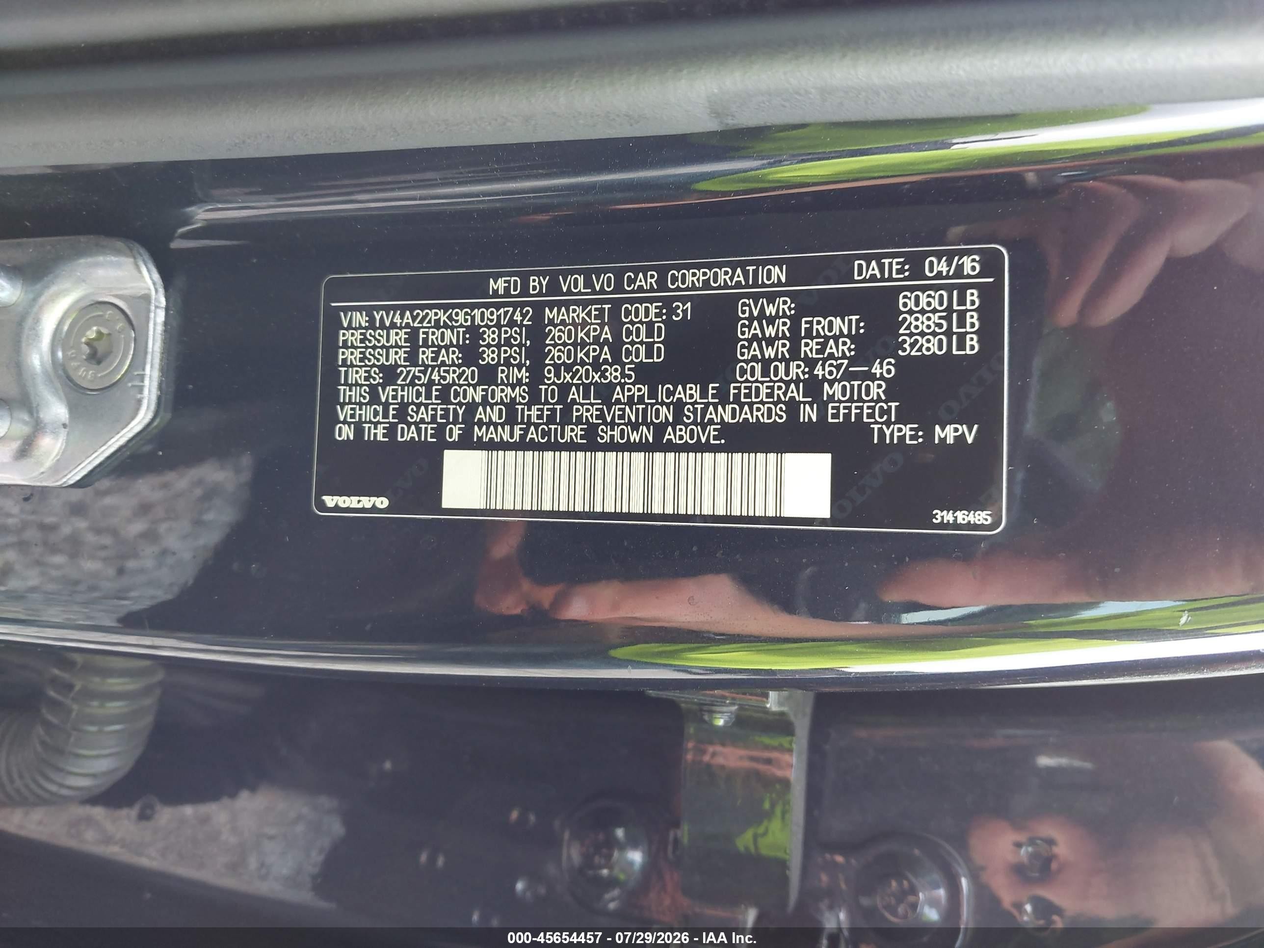 2016 Volvo XC90 VIN YV4A22PK9G1091742 IAAI salvage auction — Unknown, Salvage (Idaho), sold $4,450 on 2026-09-13 (photo 9)
