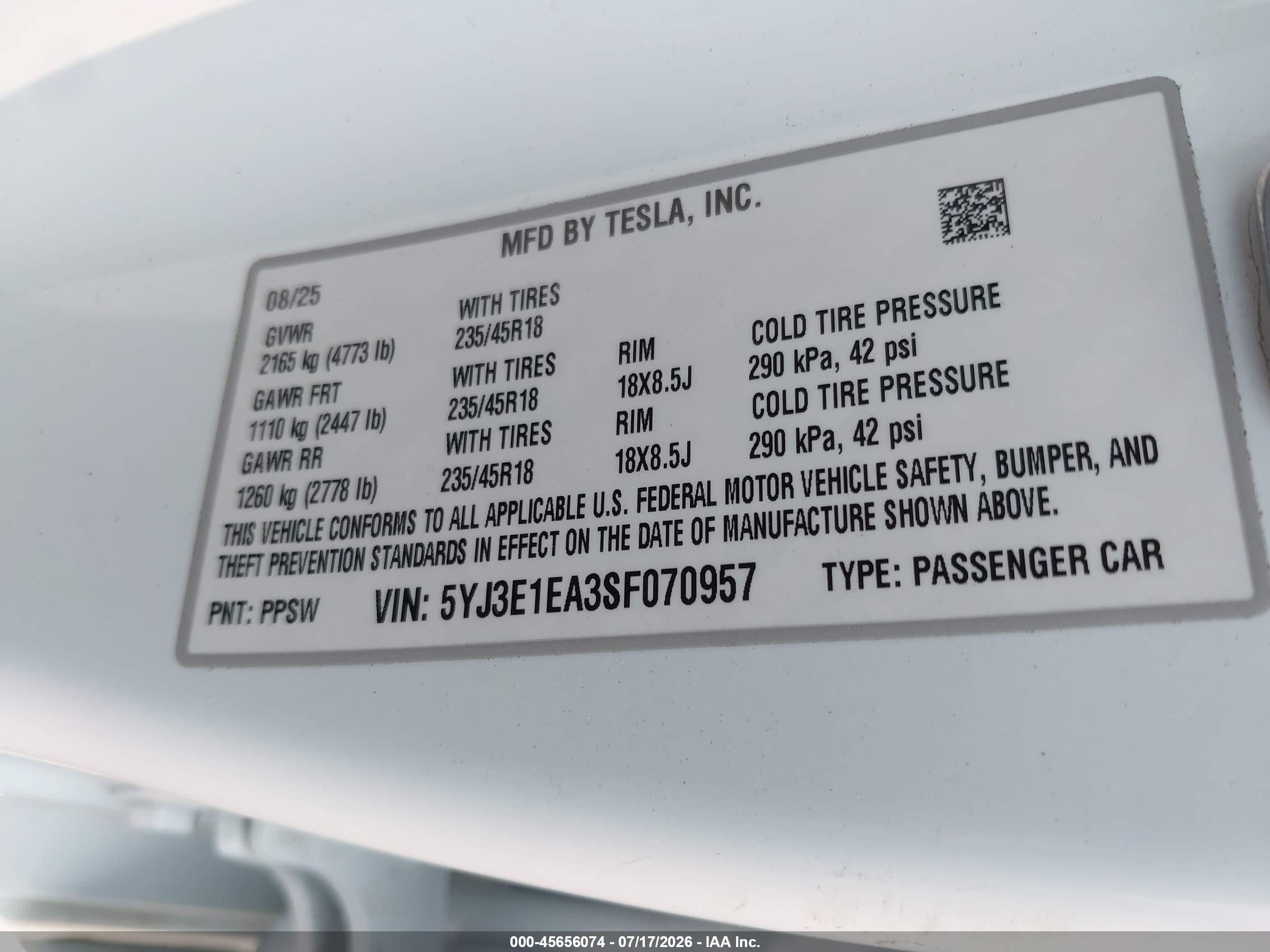 2025 Tesla Model 3 VIN 5YJ3E1EA3SF070957 IAAI salvage auction — Front End, Salvage - Greater Than 75% (Maryland), sold $16,700 on 2026-08-28 (photo 9)
