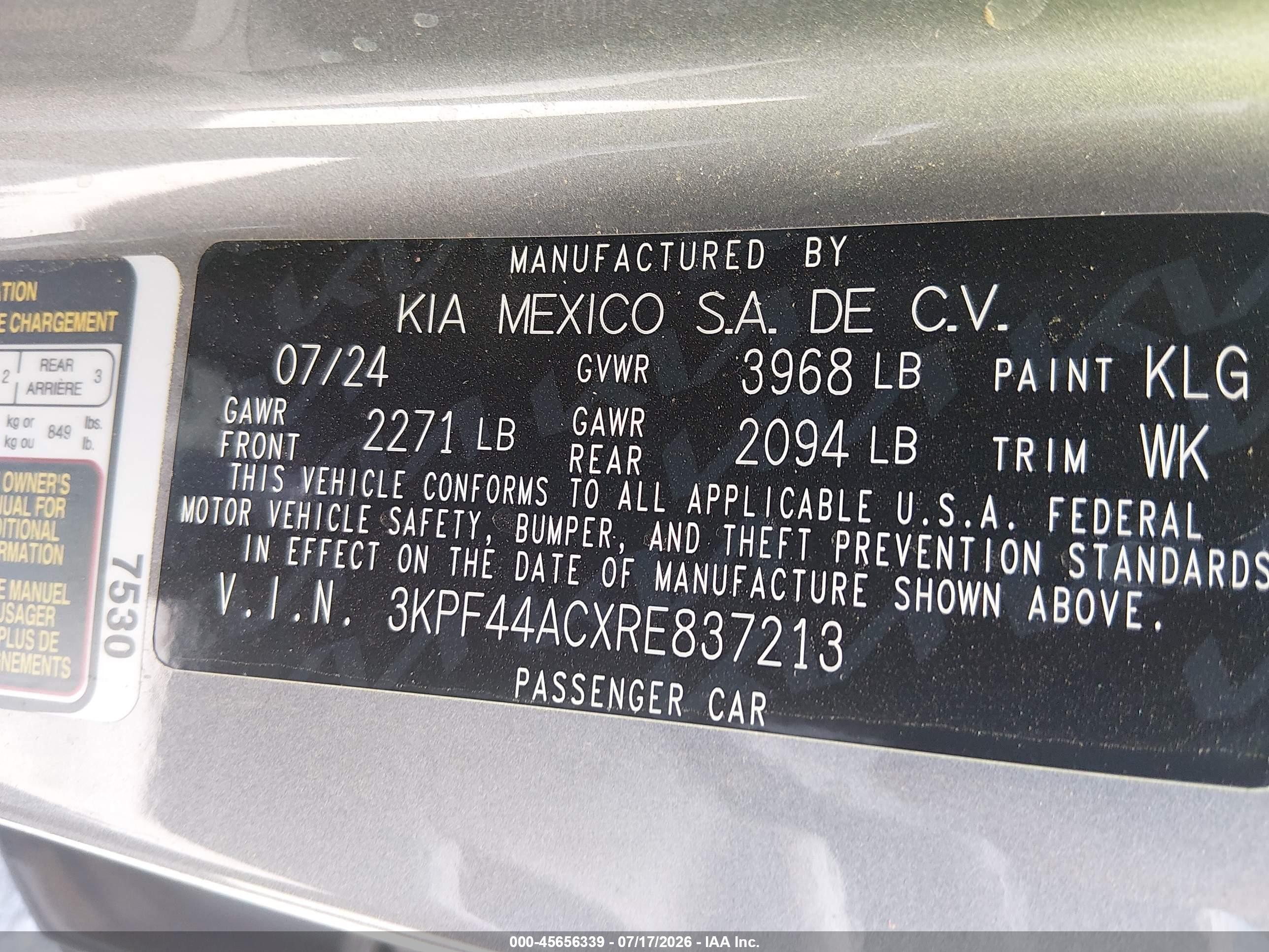 2024 Kia Forte VIN 3KPF44ACXRE837213 IAAI salvage auction — Front End, Salvage (New Mexico), sold $1,100 on 2026-08-31 (photo 9)
