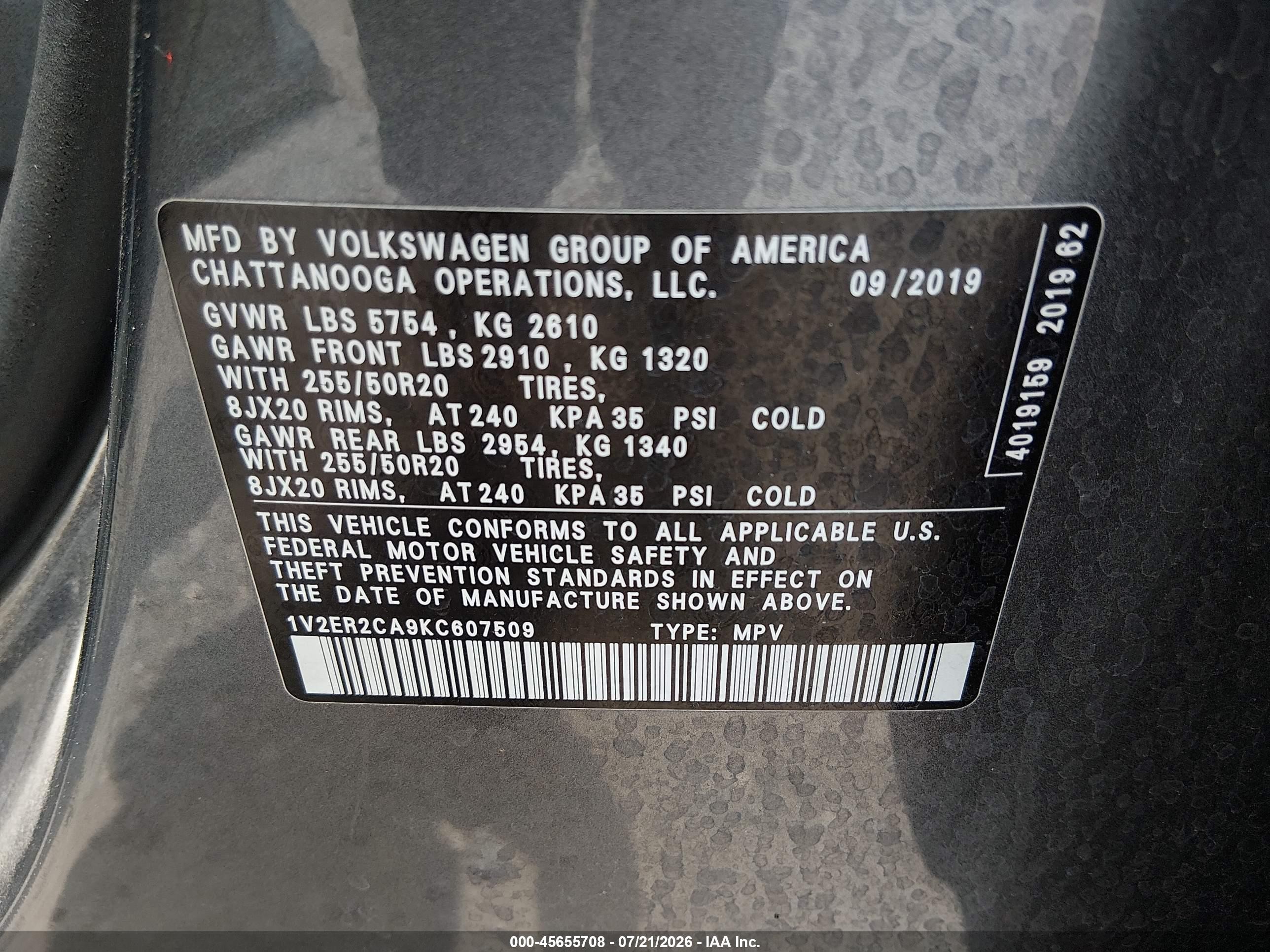 2019 Volkswagen Atlas VIN 1V2ER2CA9KC607509 IAAI salvage auction — Side, Salvage (Louisiana), sold $4,050 on 2026-09-22 (photo 9)