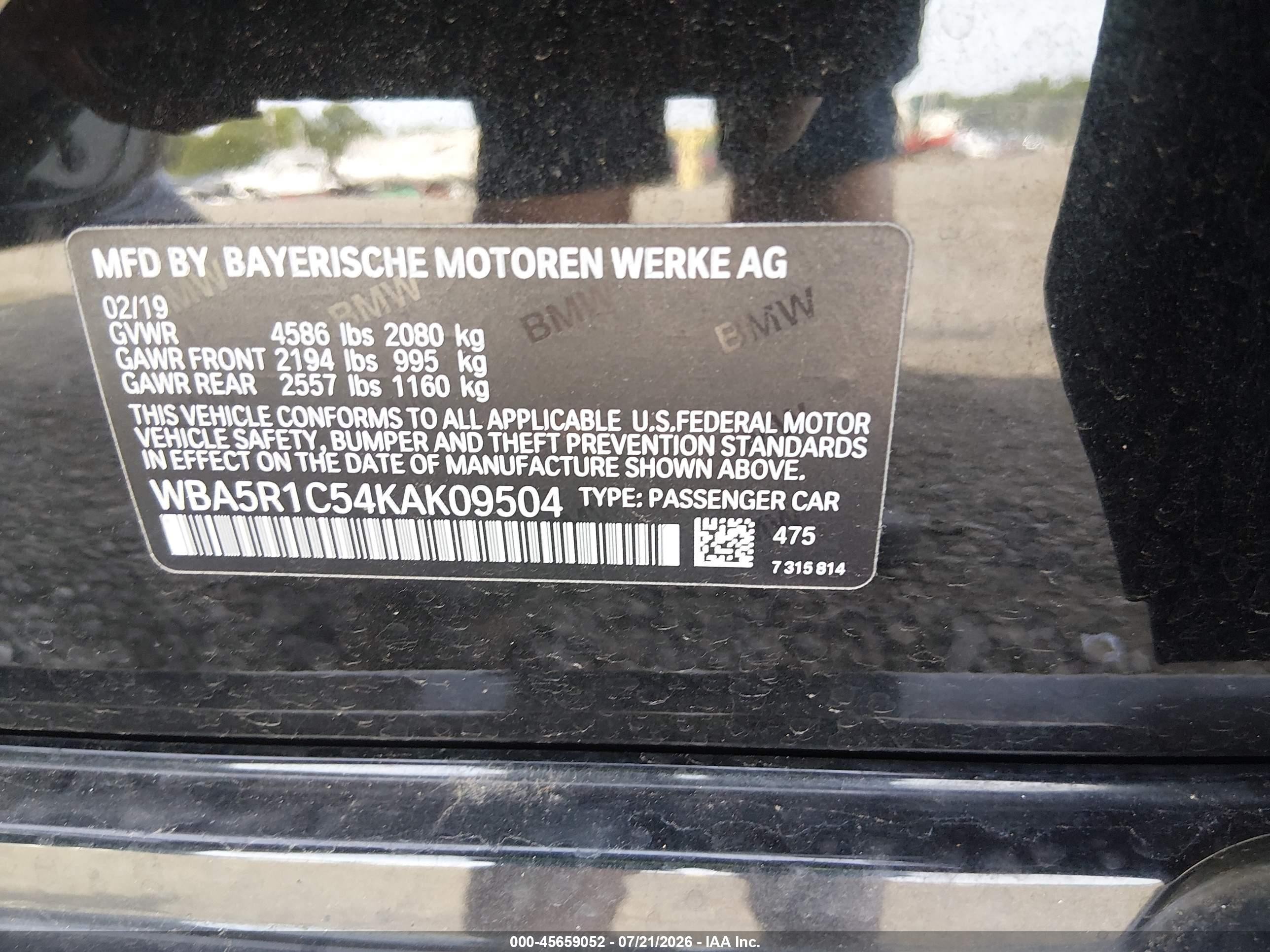 2019 BMW 3er VIN WBA5R1C54KAK09504 IAAI salvage auction — Front End, Salvage (South Carolina), sold $4,950 on 2026-09-16 (photo 9)