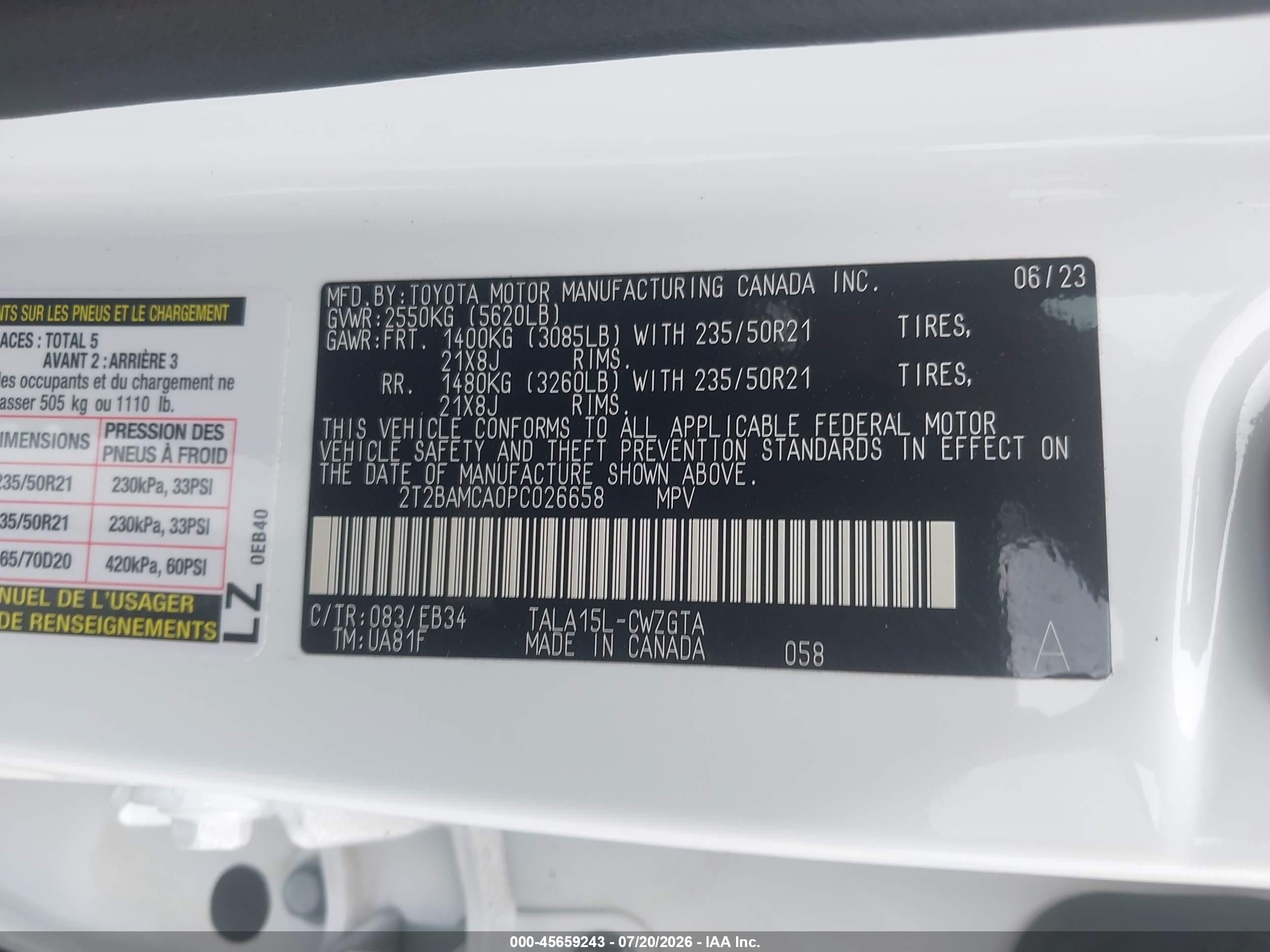 2023 Lexus RX 350 VIN 2T2BAMCA0PC026658 IAAI salvage auction — Unknown, Wait Title, sold $20,600 on 2026-09-20 (photo 9)
