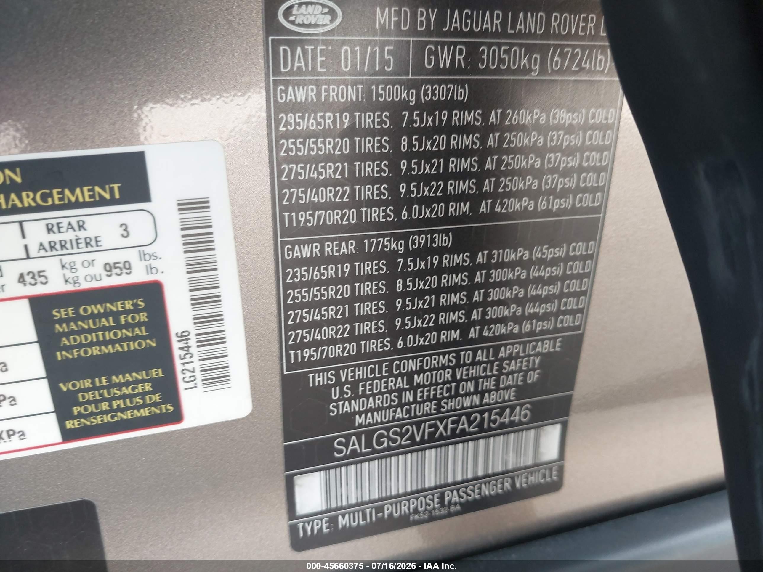 2015 Land Rover Range Rover VIN SALGS2VFXFA215446 IAAI salvage auction — Side, Original (Texas), sold $14,300 on 2026-09-13 (photo 9)