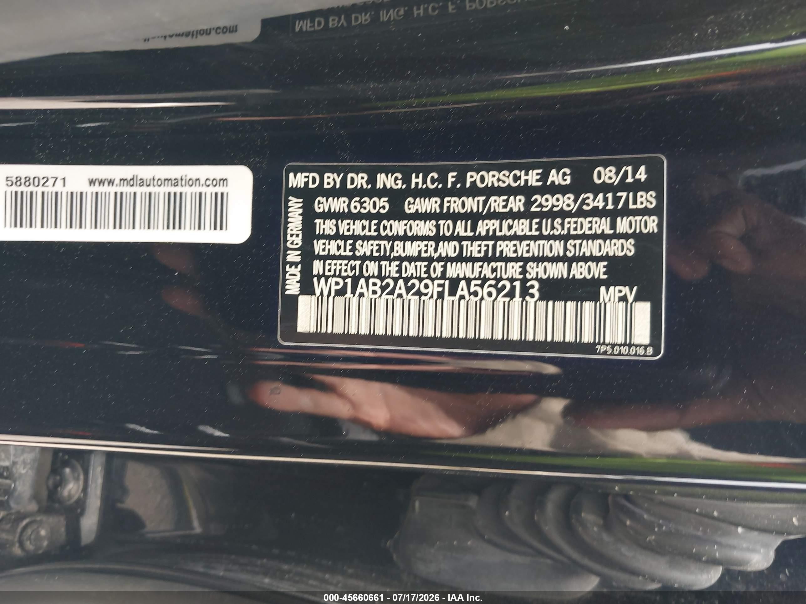 2015 Porsche Cayenne VIN WP1AB2A29FLA56213 IAAI salvage auction — Front End, Salvage (Texas), sold $2,500 on 2026-09-07 (photo 9)