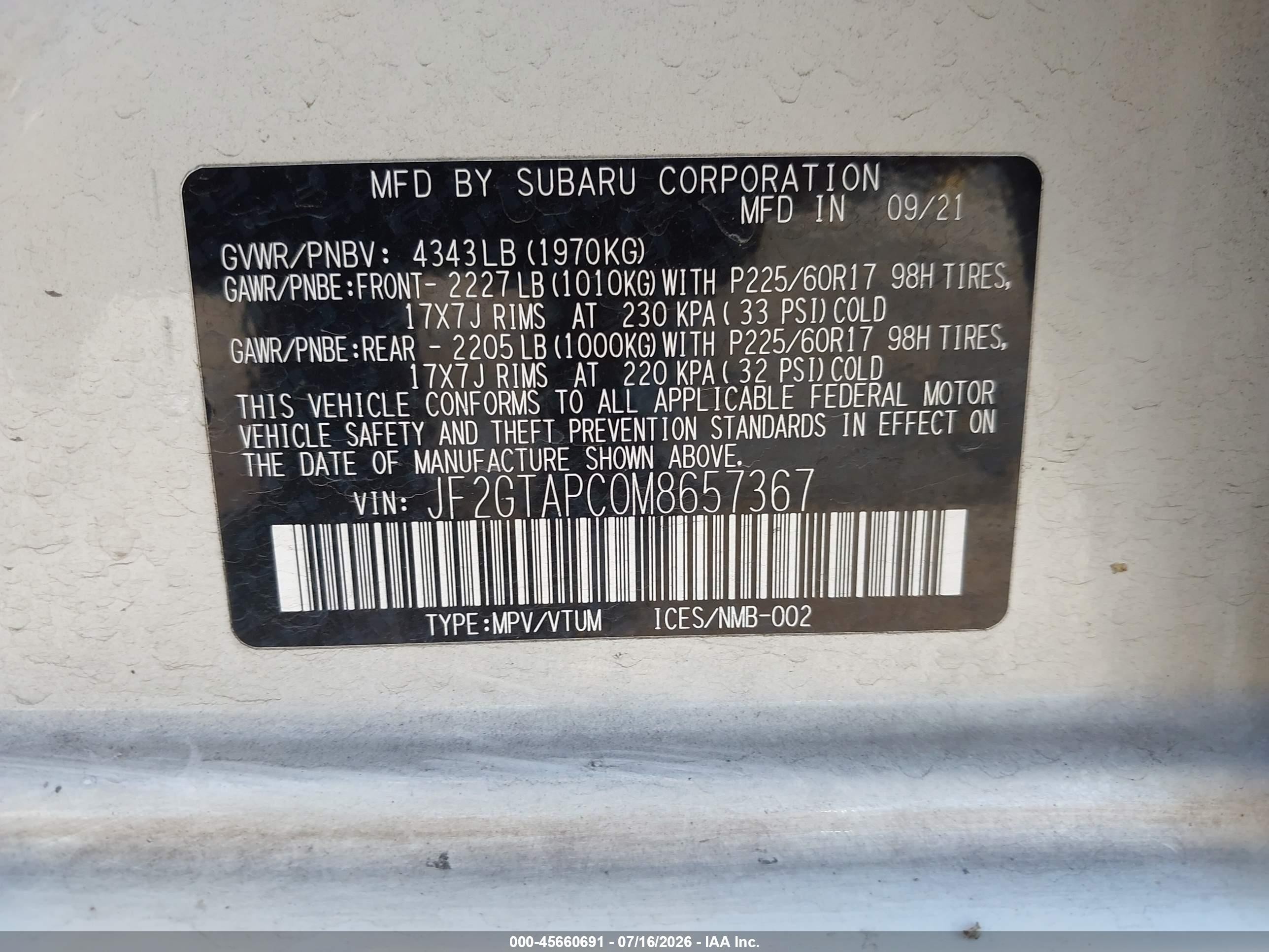 2021 Subaru Xv VIN JF2GTAPC0M8657367 IAAI salvage auction — Front End, Salvage (California), sold $2,550 on 2026-09-07 (photo 9)