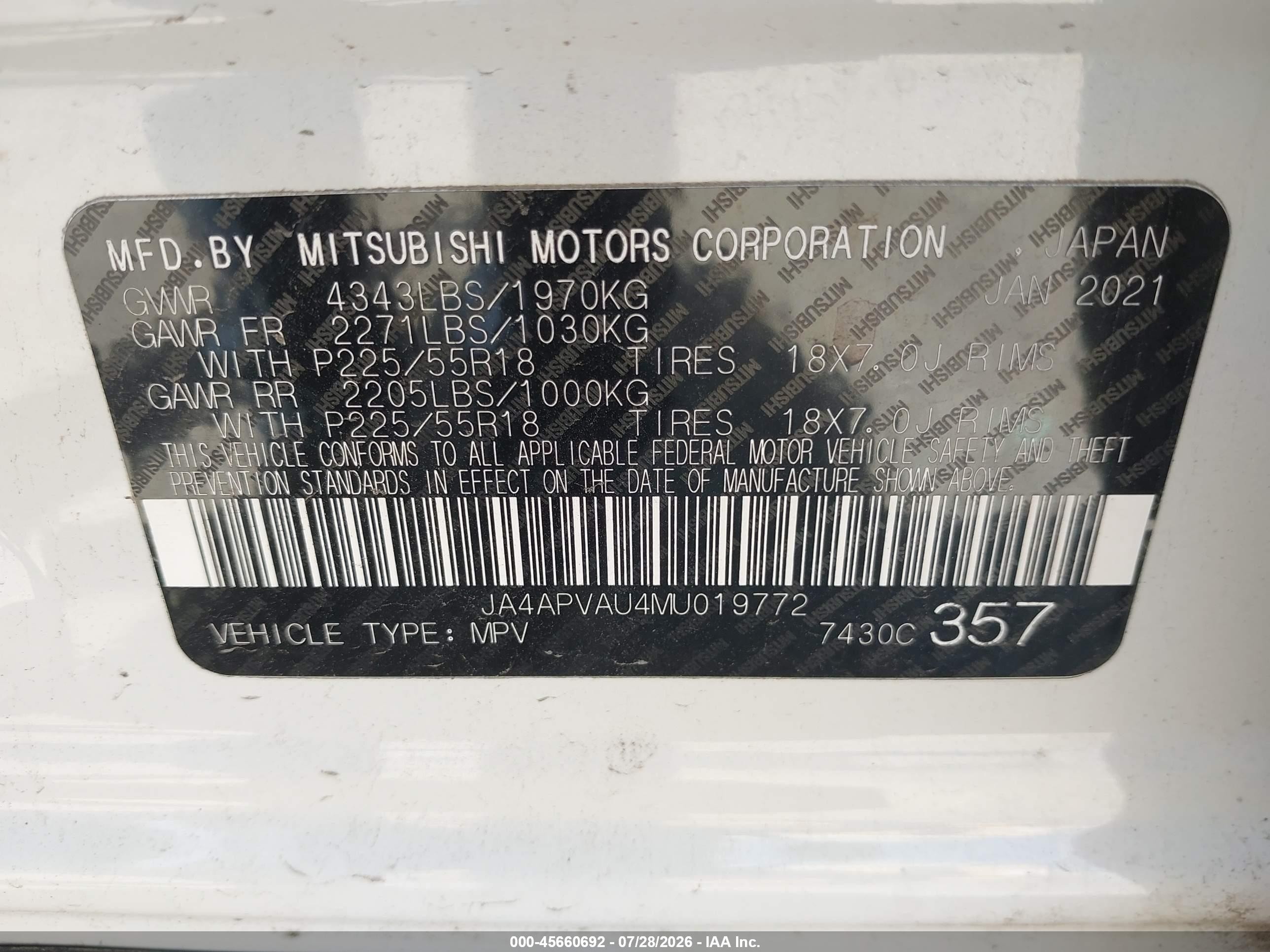 2021 Mitsubishi Outlander VIN JA4APVAU4MU019772 IAAI salvage auction — Front End, Original (Texas), sold $2,900 on 2026-09-05 (photo 9)