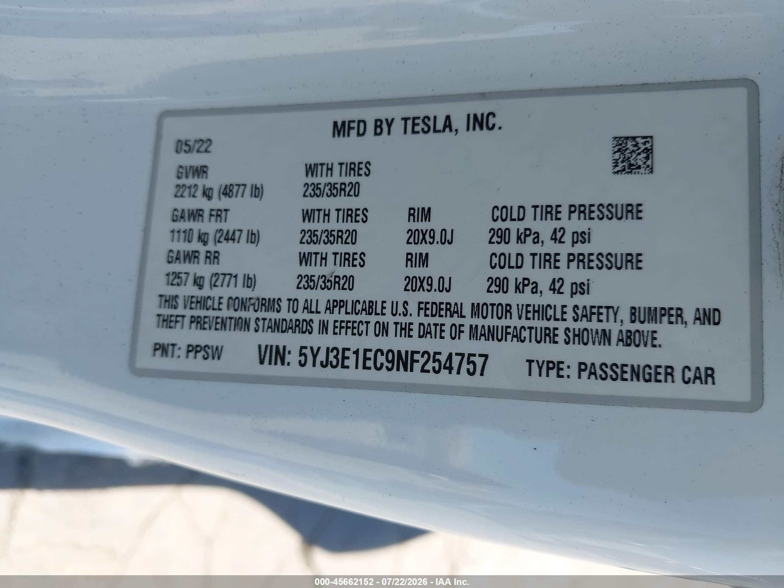 2022 Tesla Model 3 VIN 5YJ3E1EC9NF254757 IAAI salvage auction — Side, Salvage (California), sold $7,400 on 2026-09-13 (photo 9)