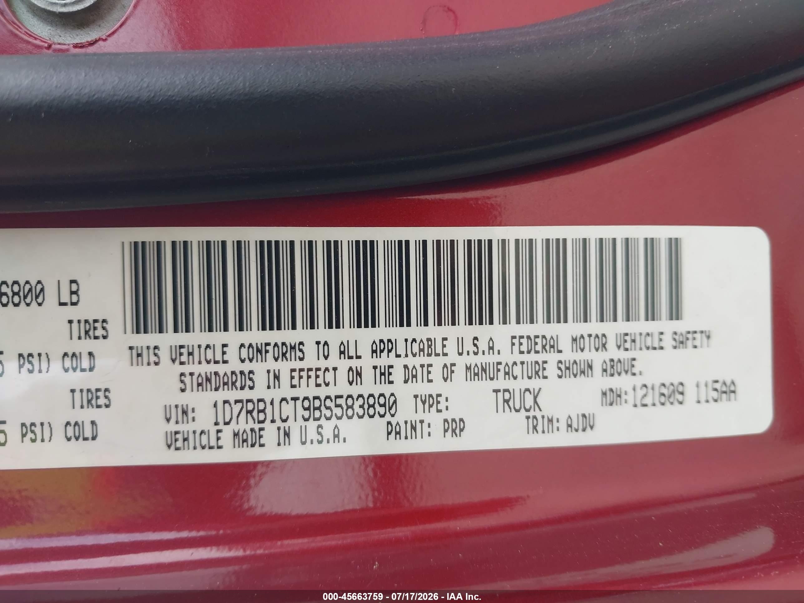 2011 Ram Ram 1500 VIN 1D7RB1CT9BS583890 IAAI salvage auction — Front End, Original (Texas), sold $2,250 on 2026-09-12 (photo 9)